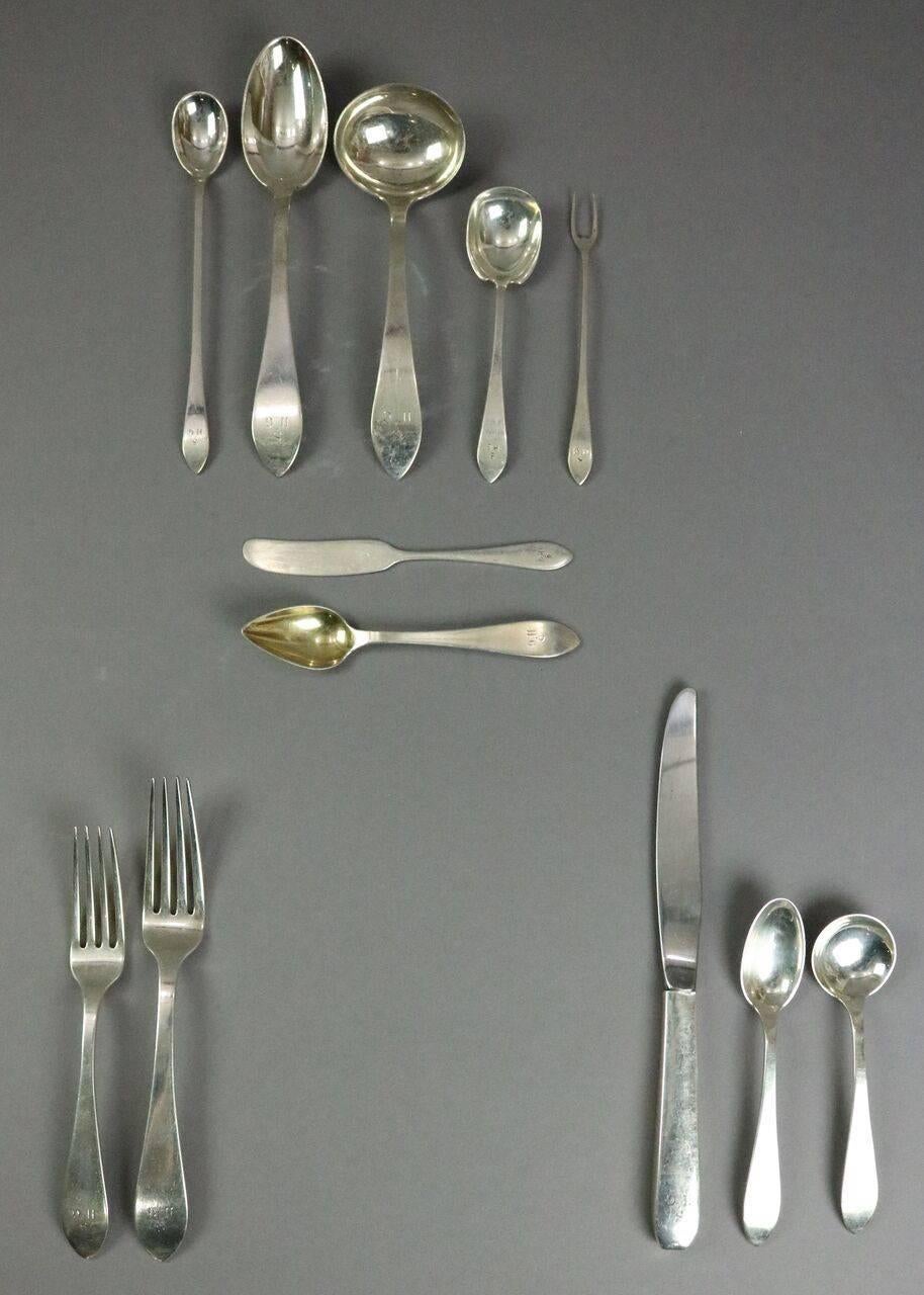 Danish modern Tiffany sterling silver flatware set includes a complete service for 12-12 dinner forks, 12 salad forks, 12 table spoons, 12 soup spoons, 24 teaspoons, 12 iced tea spoons, 12 knives, ten butter knives, six small spoons, one pickle