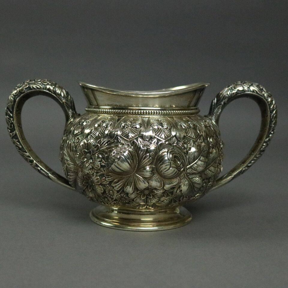 Rare Seven-Piece Antique Gorham Repousse Sterling Silver Coffee and Tea Service In Good Condition In Big Flats, NY
