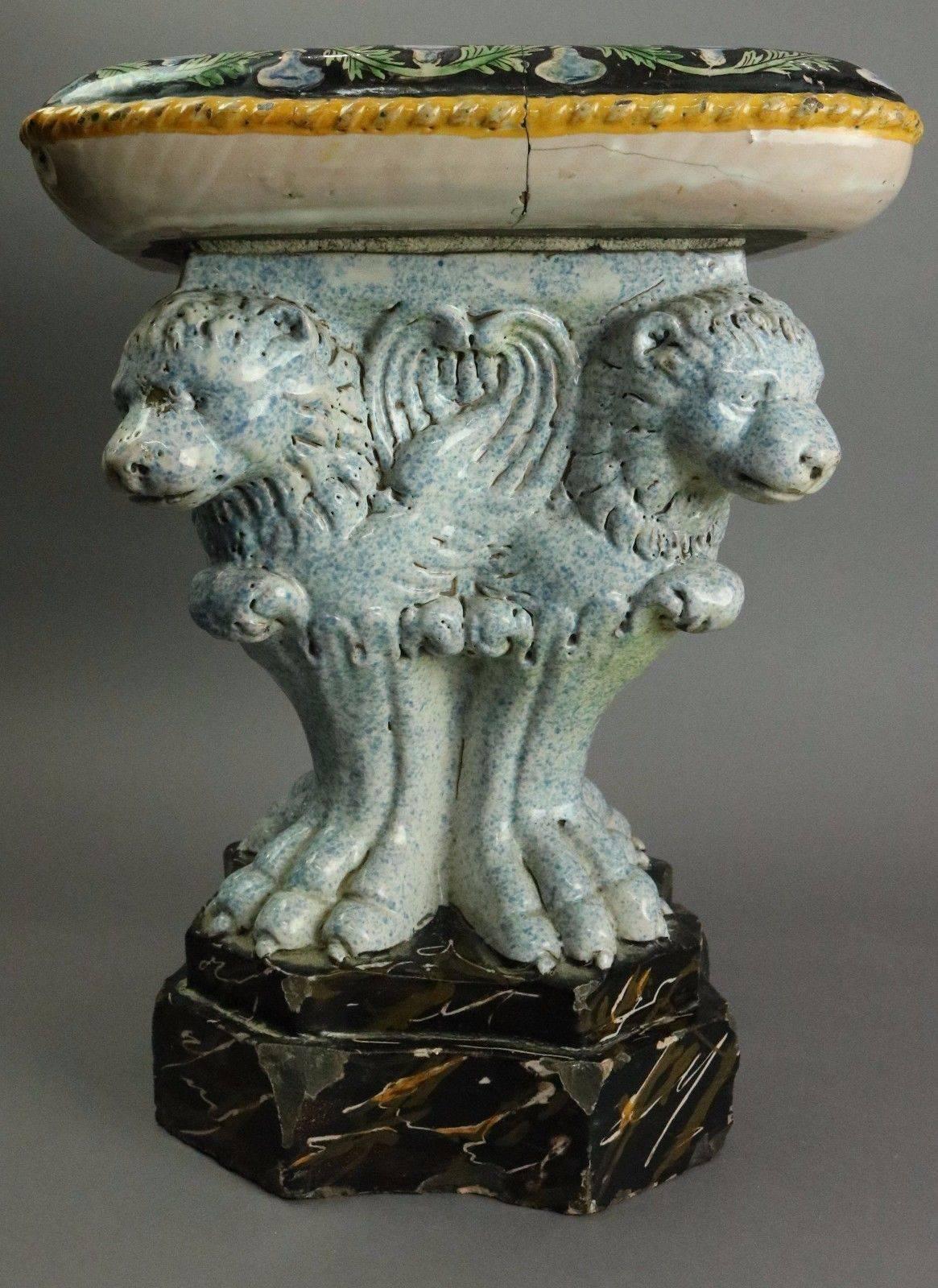 Hand-Painted Antique Italian Majolica Painted Pottery Figural Garden Seat w/Lions & Cherubs