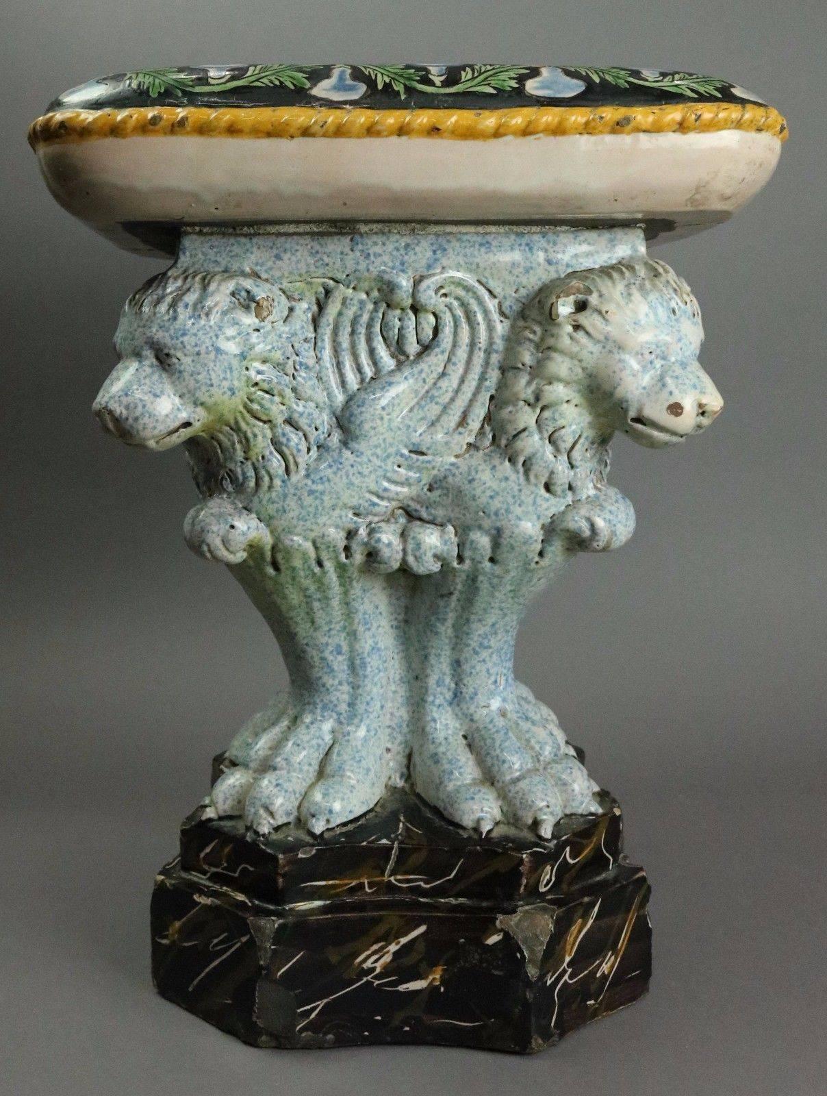 Antique Italian Majolica Painted Pottery Figural Garden Seat w/Lions & Cherubs In Good Condition In Big Flats, NY
