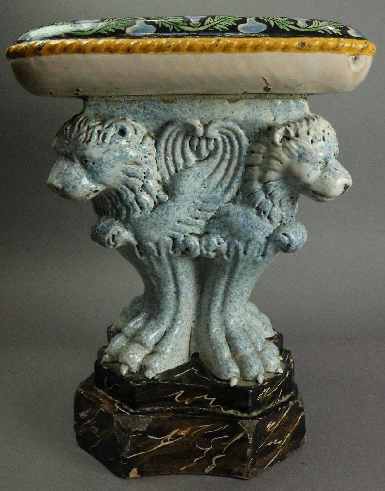 19th Century Antique Italian Majolica Painted Pottery Figural Garden Seat w/Lions & Cherubs