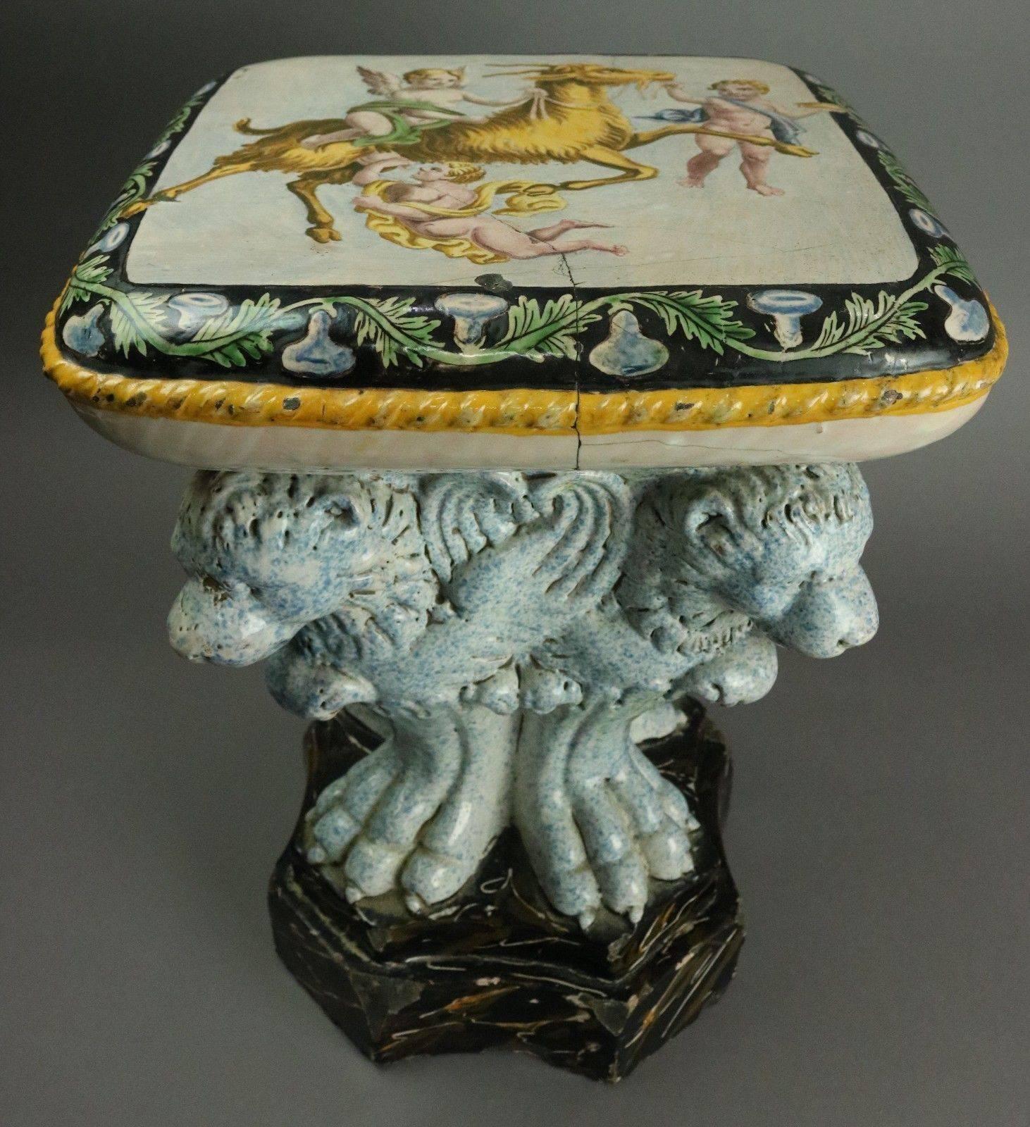 Antique Italian Majolica Painted Pottery Figural Garden Seat w/Lions & Cherubs 1