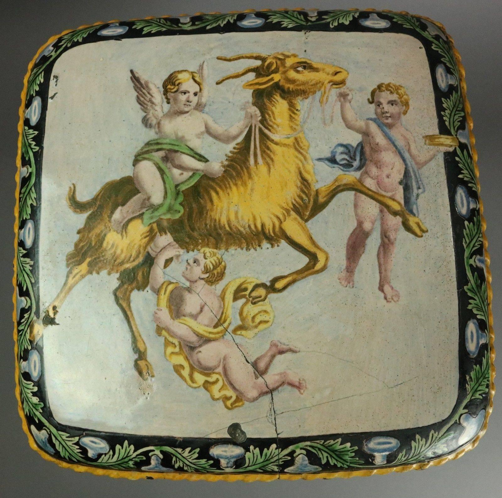 Antique Italian Majolica Painted Pottery Figural Garden Seat w/Lions & Cherubs 2