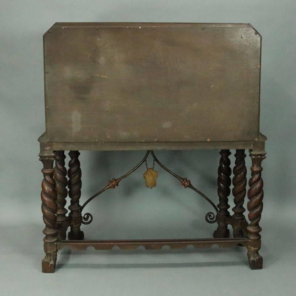 European Antique Hand-Painted and Carved Jacobean Style Figural Drop Front Desk