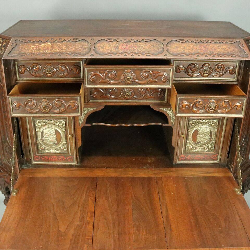 19th Century Antique Hand-Painted and Carved Jacobean Style Figural Drop Front Desk