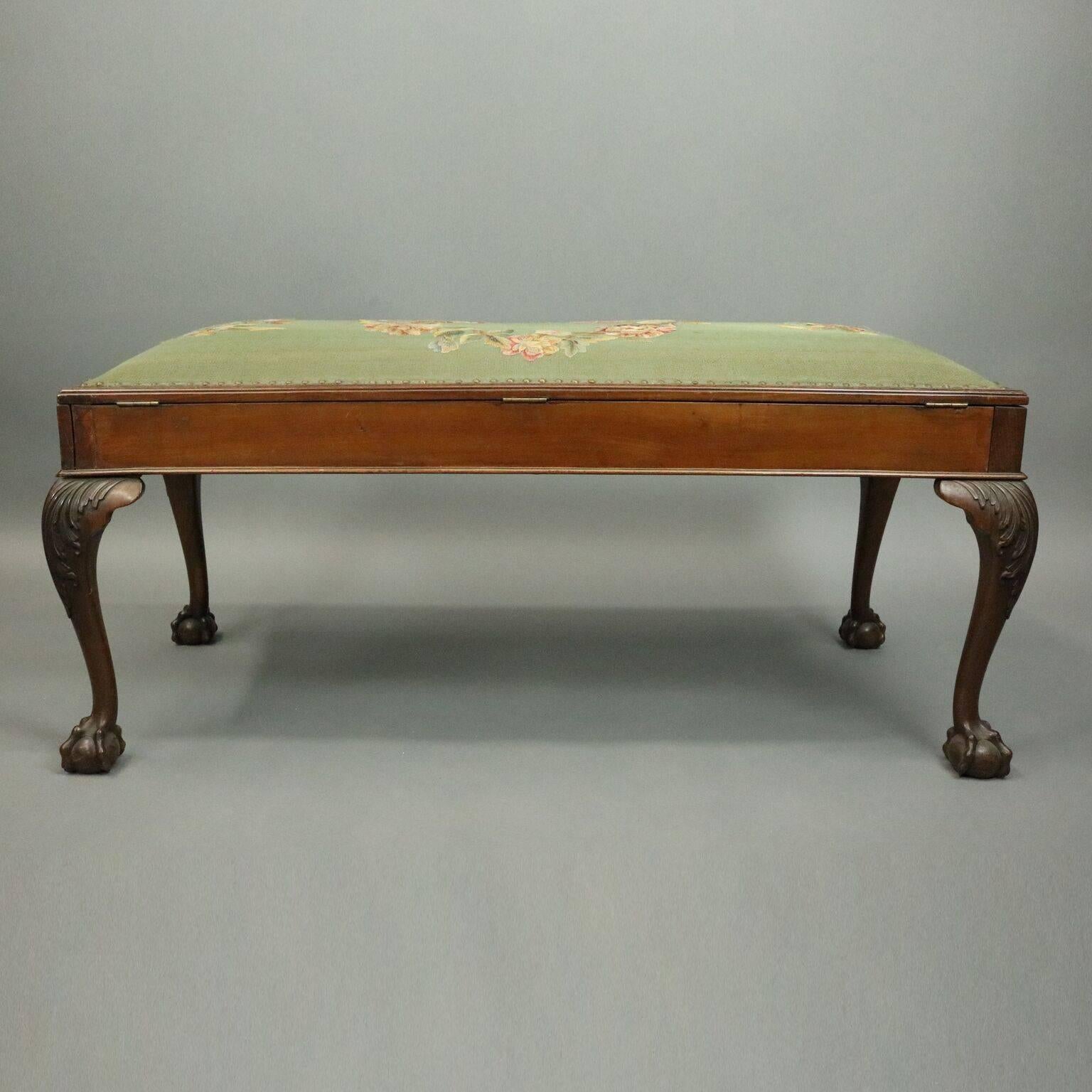 Chippendale Style Mahogany Lift Top Lang Bench with Needlepoint Seat, circa 1930 2