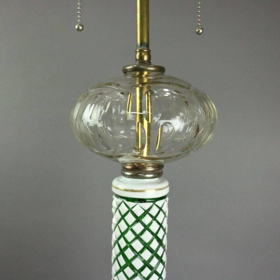 Hand-Painted Monumental Antique Bohemian Style Opaline Cut to Emerald Lamp Base, circa 1930