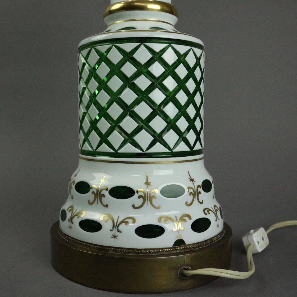 Monumental Antique Bohemian Style Opaline Cut to Emerald Lamp Base, circa 1930 2
