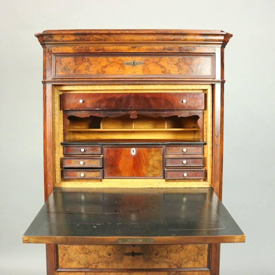 Antique Classical Biedermeier Burled Walnut Empire Abattant, circa 1840 In Good Condition In Big Flats, NY