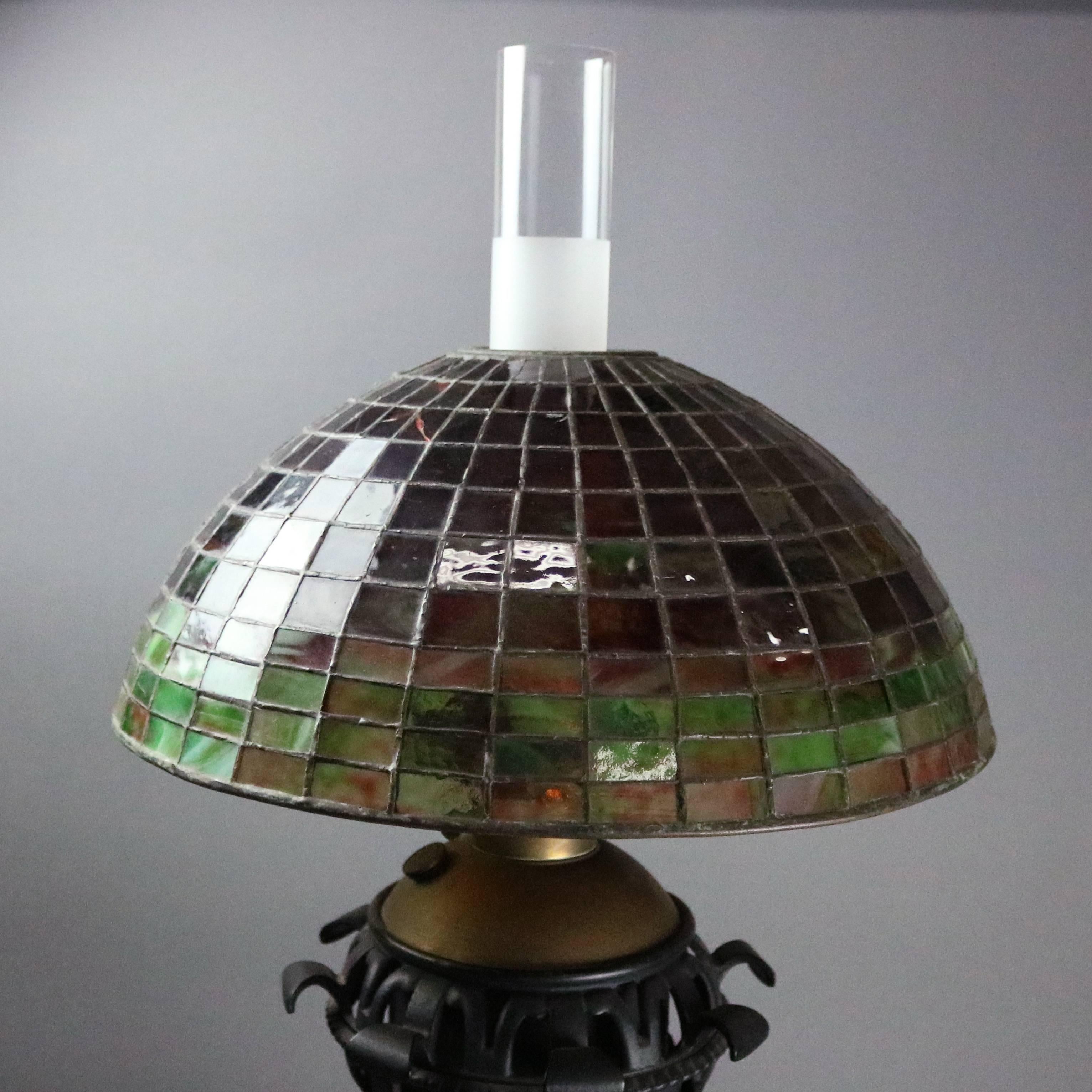 Arts and Crafts Arts & Crafts Bradley Hubbard Style Leaded Glass and Iron Table Lamp, circa 1910