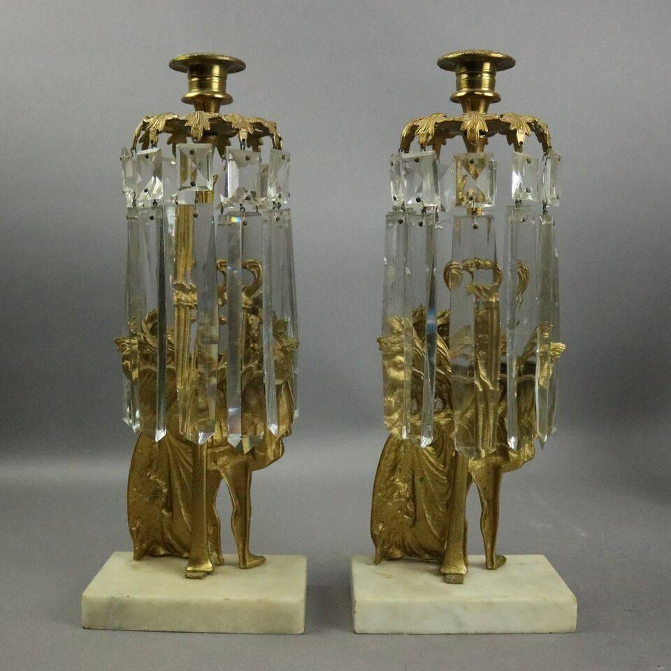 Set of Three Antique French Classical Gilt Metal and Crystal Figural Girandoles 4