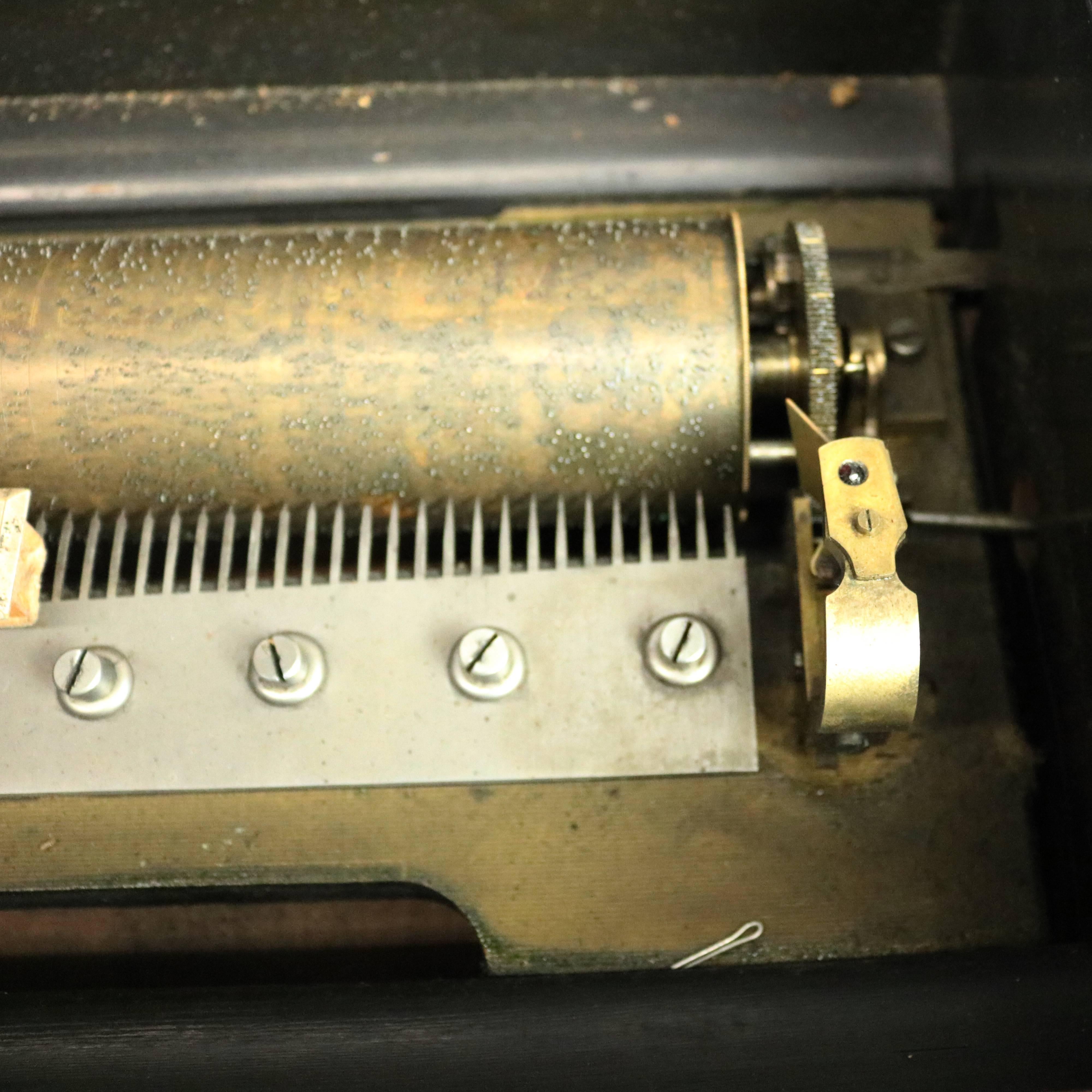 19th Century Antique Swiss 12-Tune Cylinder Music Box, Banded & Inlaid Burl Case, circa 1880