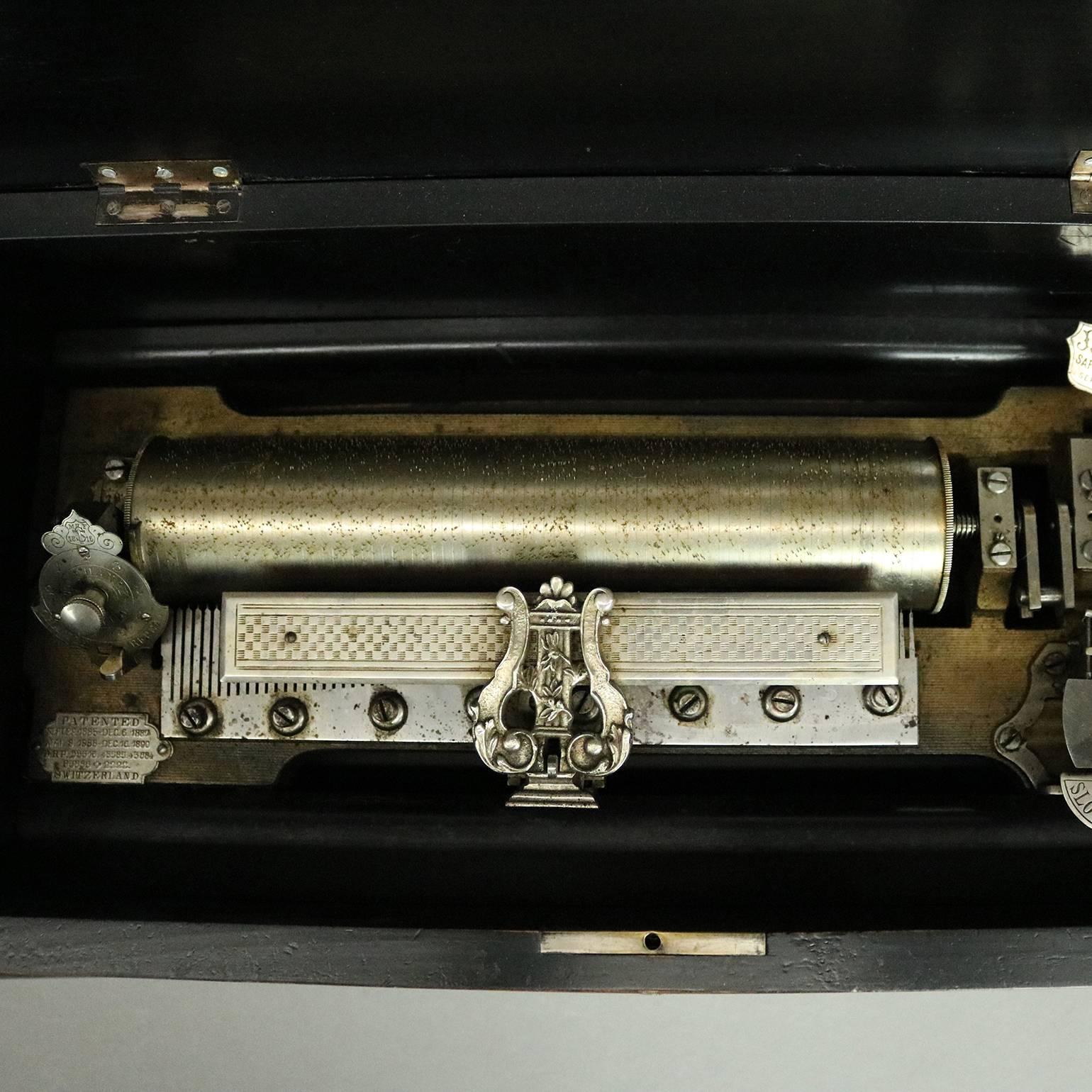 Inlay Antique Swiss 12-Tune Cylinder Music Box, Inlaid and Ebonized Case, circa 1900