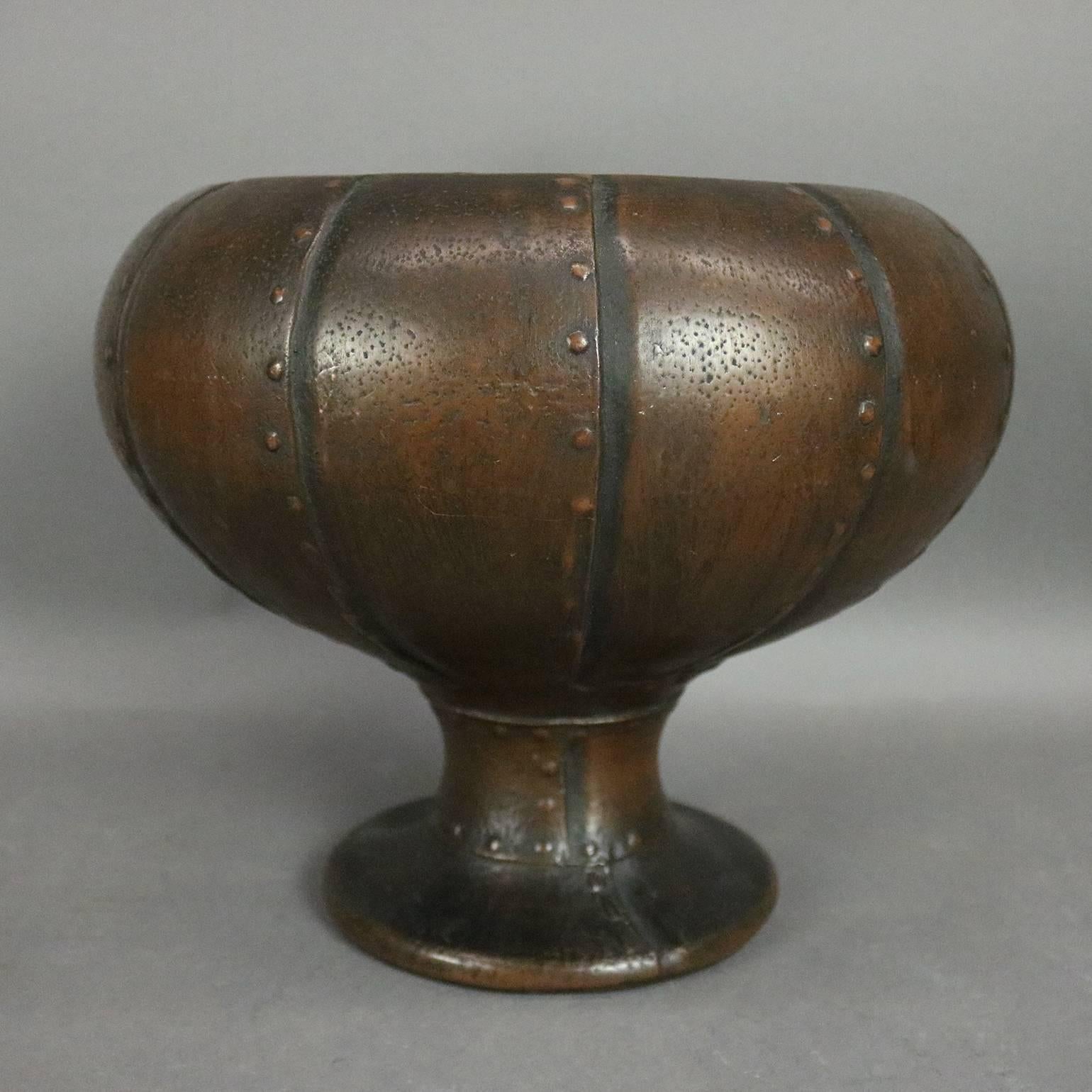 Antique copper clad art pottery footed punch bowl and ten cups in by Charles Walter Clewell of Canton, Industrial motif, Ohio

Measures - 10.5