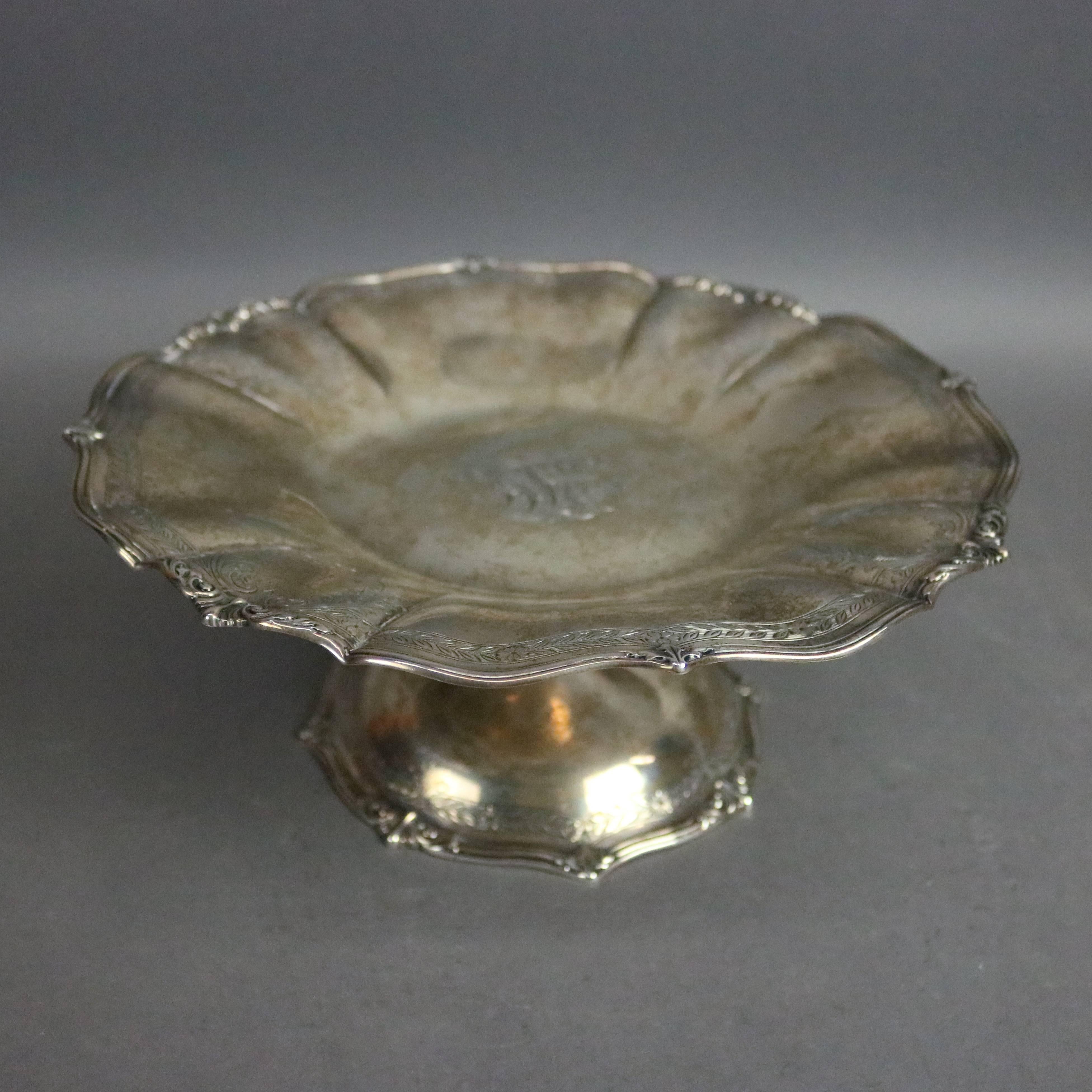 Antique sterling silver compote by The Frank Herschede Co. features scalloped edges with foliate decoration, central monogram BLE, circa 1880


Measures: 5