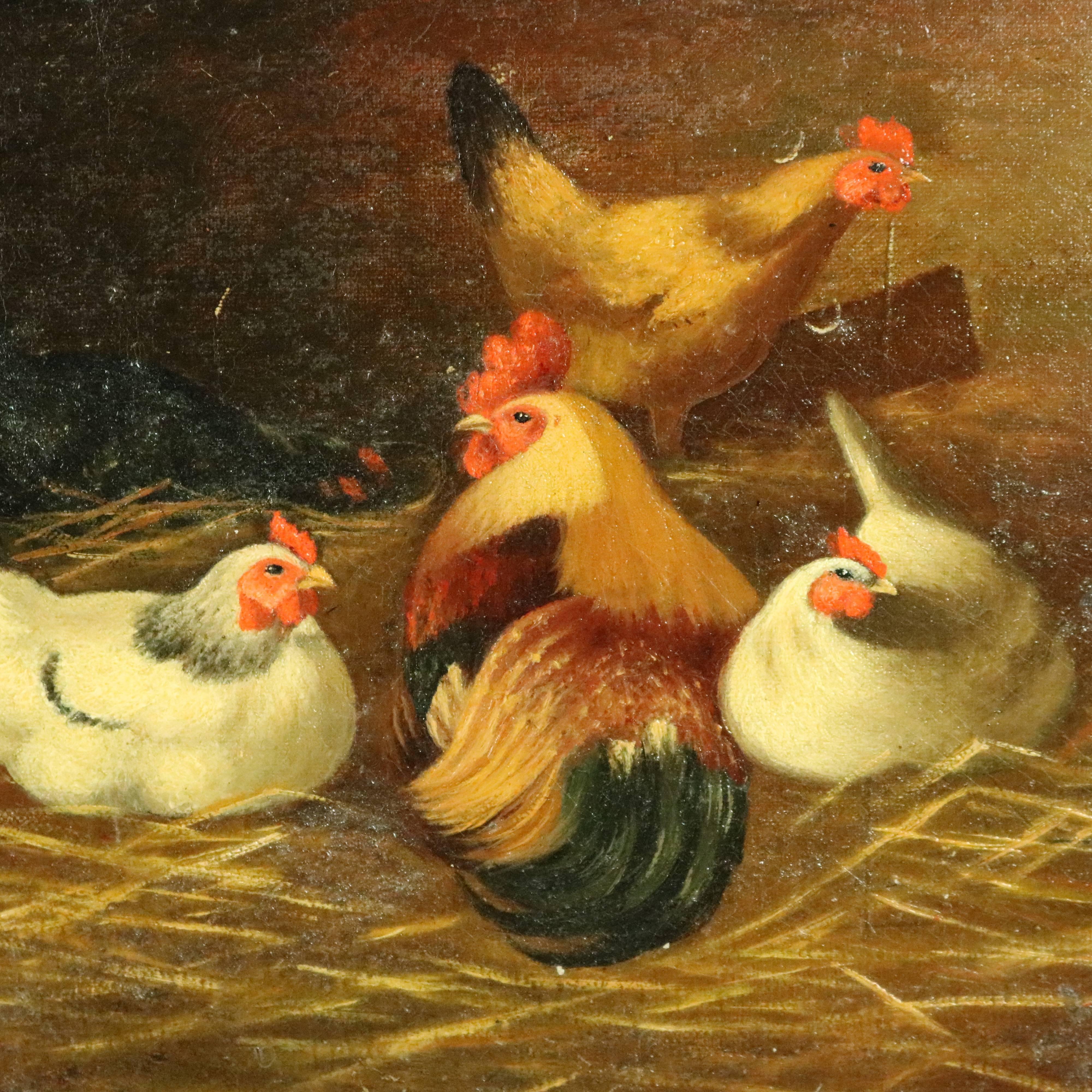Antique oil on canvas painting of chickens including rooster with nesting hens in gold gilt surround, reminiscent of Ben Austrian, 19th century

Measures: 17" H x 21" W x 2.75" D framed; 9.75" H x 13.75" W sight.
