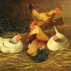 Antique Oil on Canvas Painting of Rooster with Nesting Hens, Gilt Frame