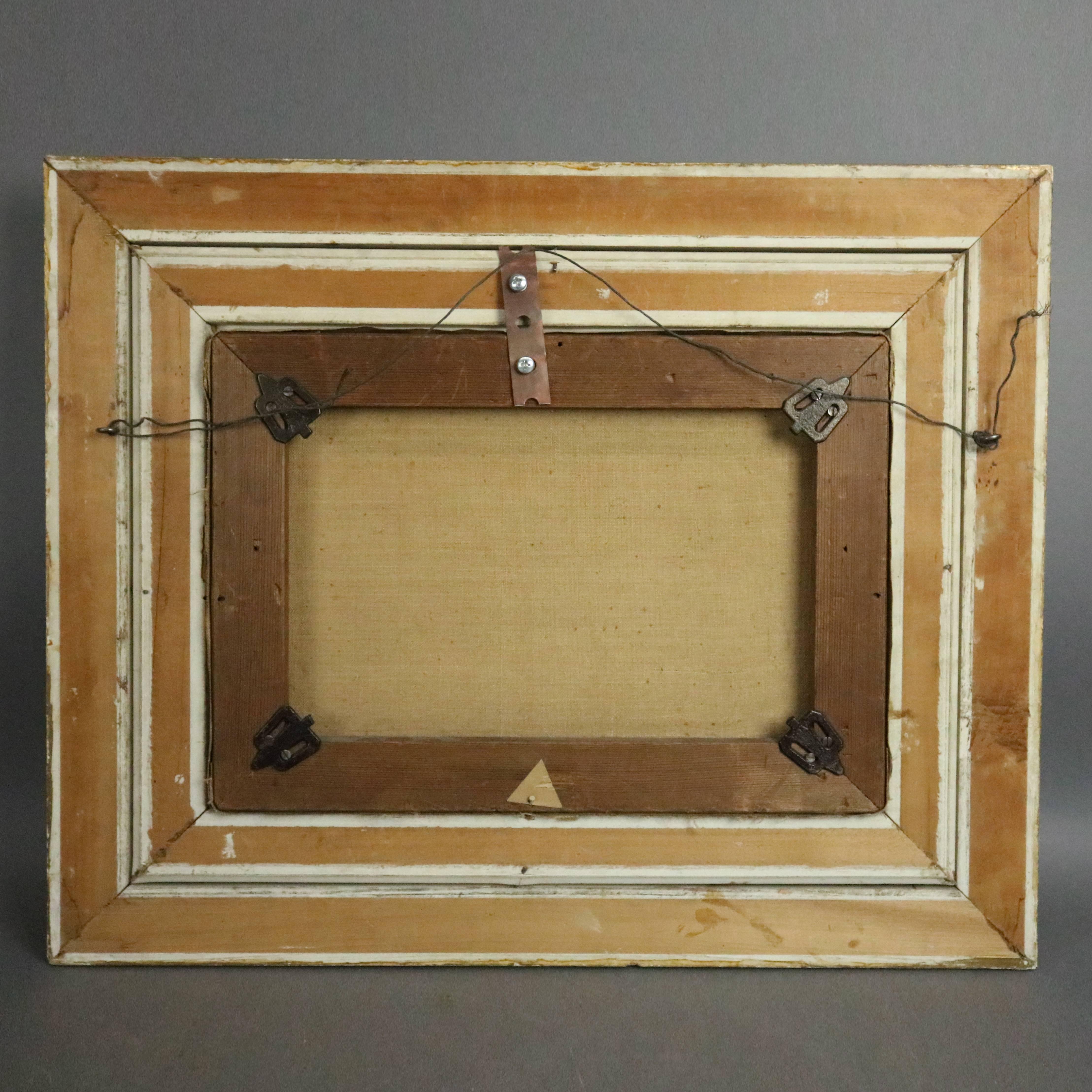 American Antique Oil on Canvas Painting of Rooster with Nesting Hens, Gilt Frame