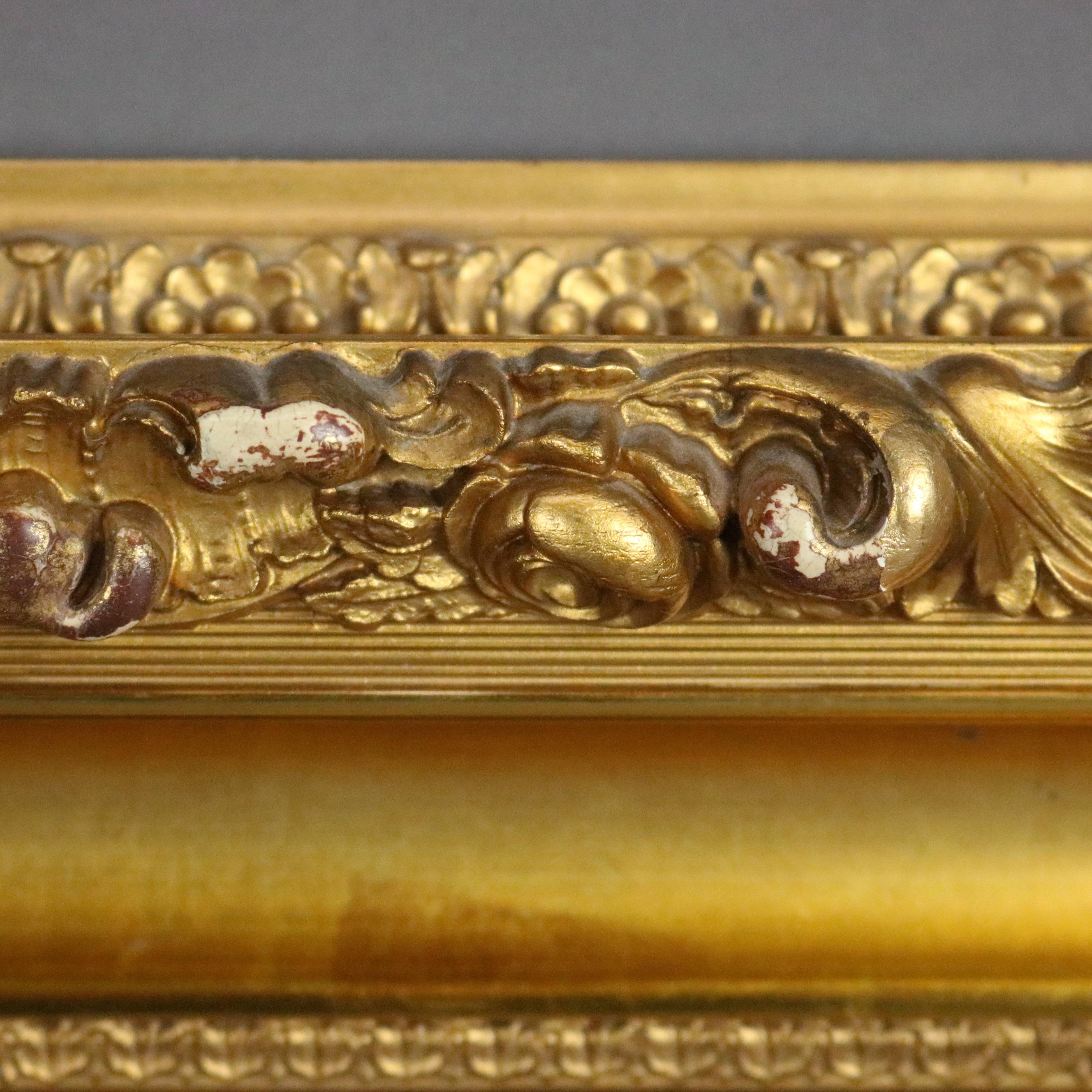 Hand-Painted Antique Oil on Canvas Painting of Rooster with Nesting Hens, Gilt Frame
