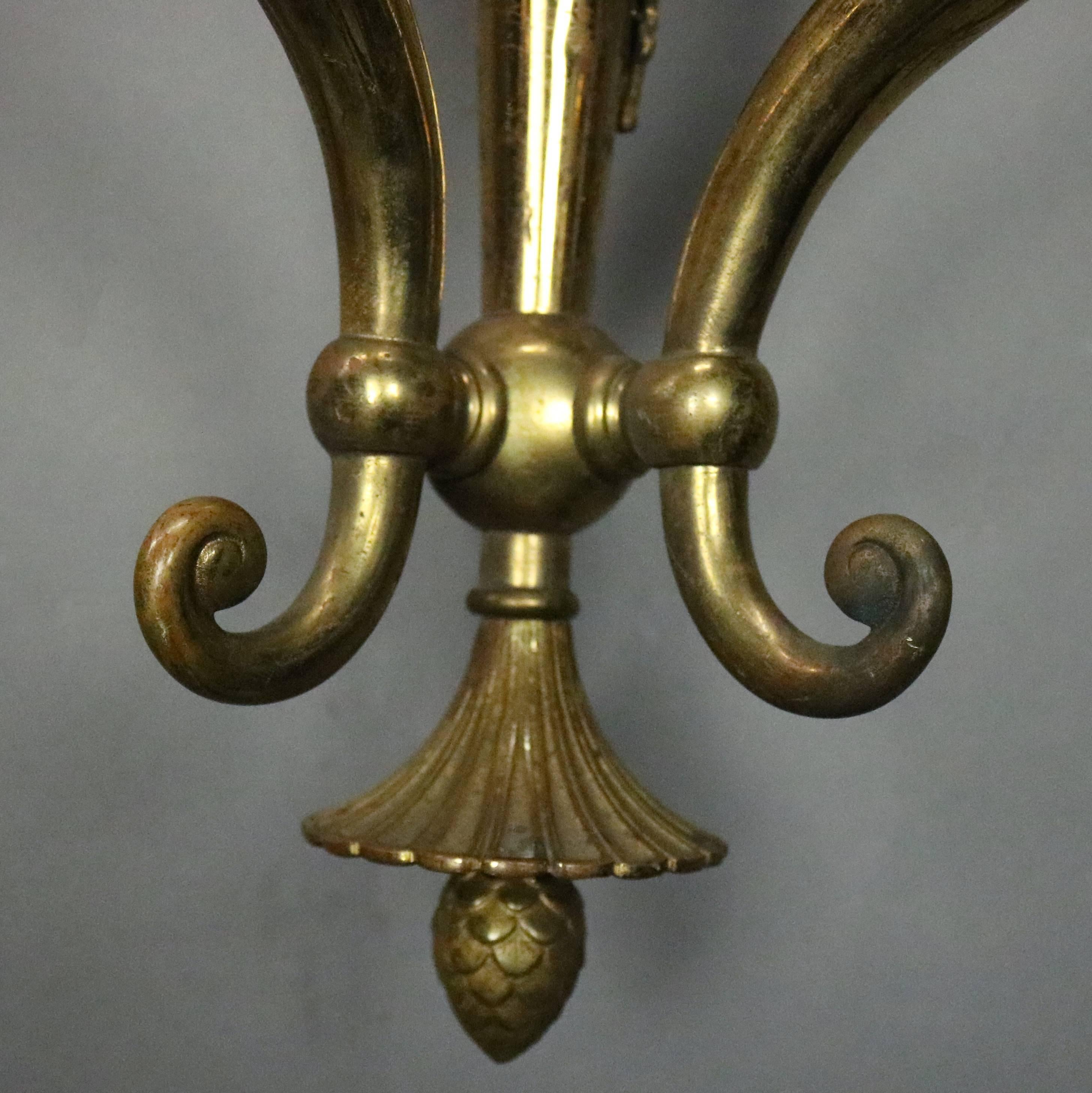 19th Century Pair of Antique French Neoclassical Style Brass 3-Light Gas Wall Sconces, c1870