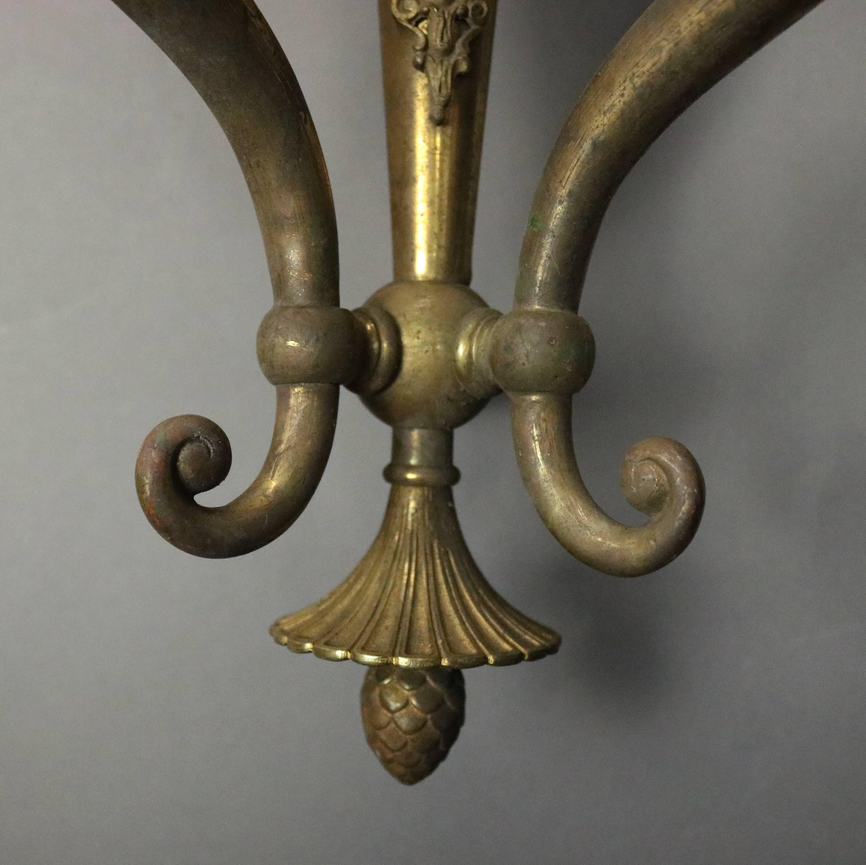 Pair of Antique French Neoclassical Style Brass 3-Light Gas Wall Sconces, c1870 1