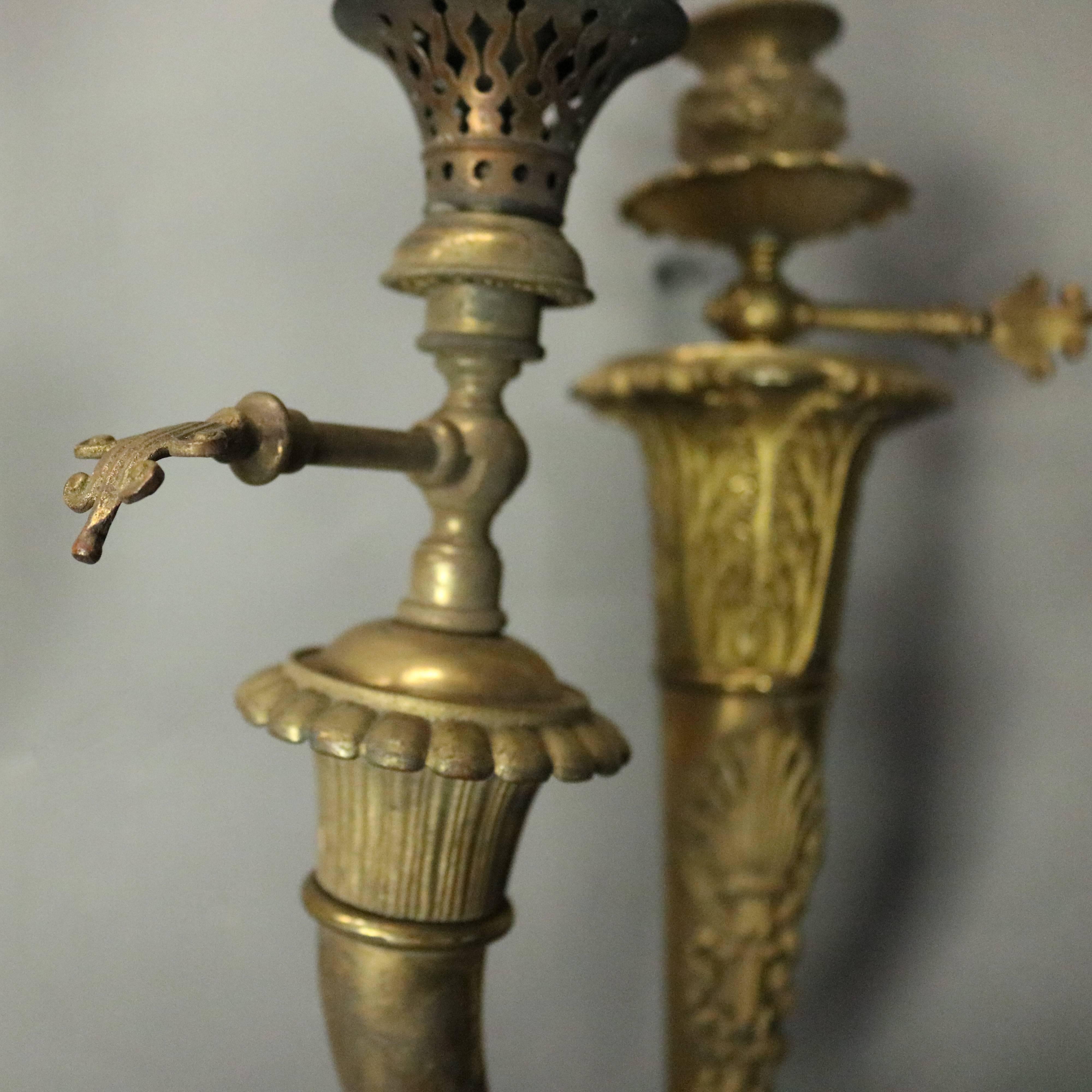 Pair of Antique French Neoclassical Style Brass 3-Light Gas Wall Sconces, c1870 2