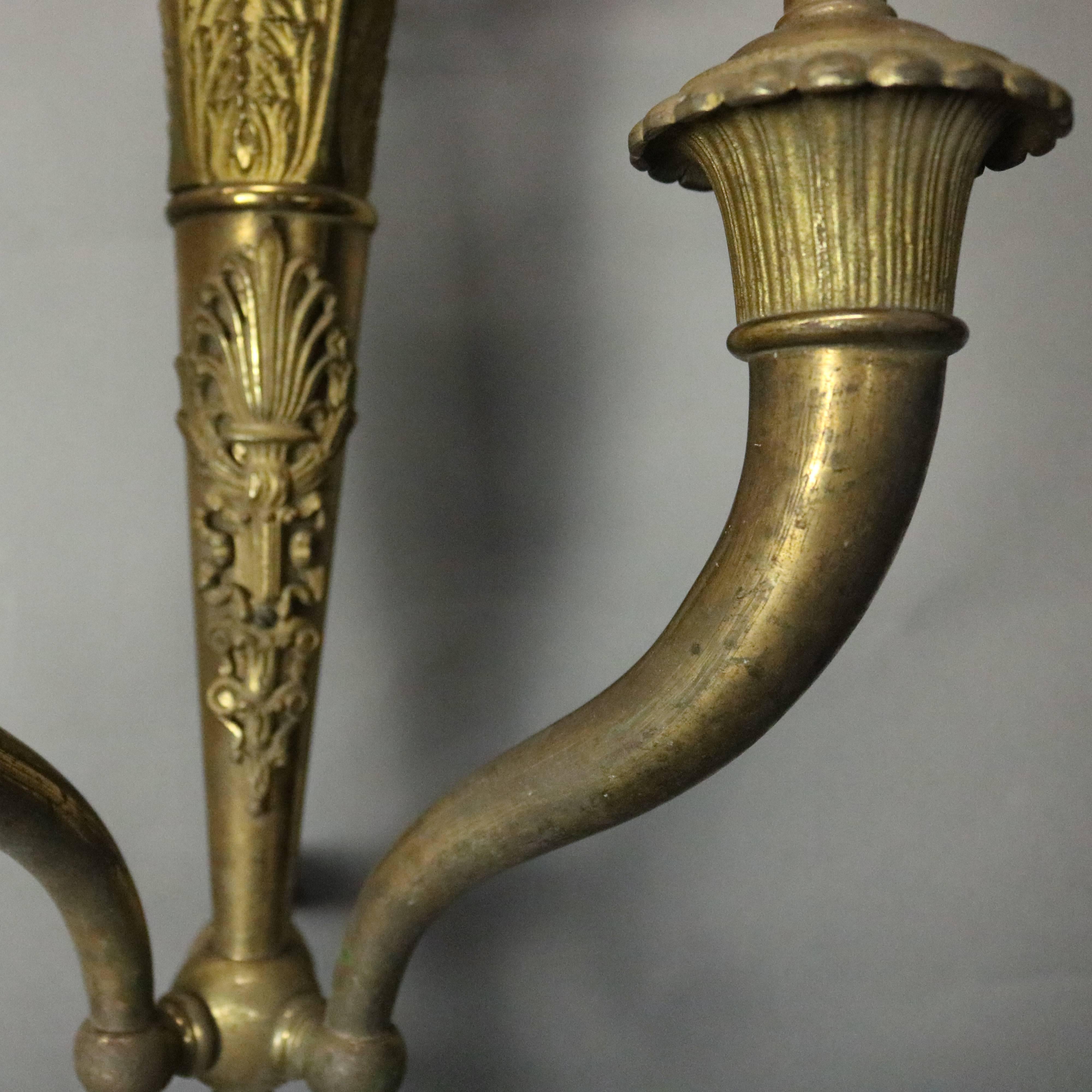 Pair of Antique French Neoclassical Style Brass 3-Light Gas Wall Sconces, c1870 3