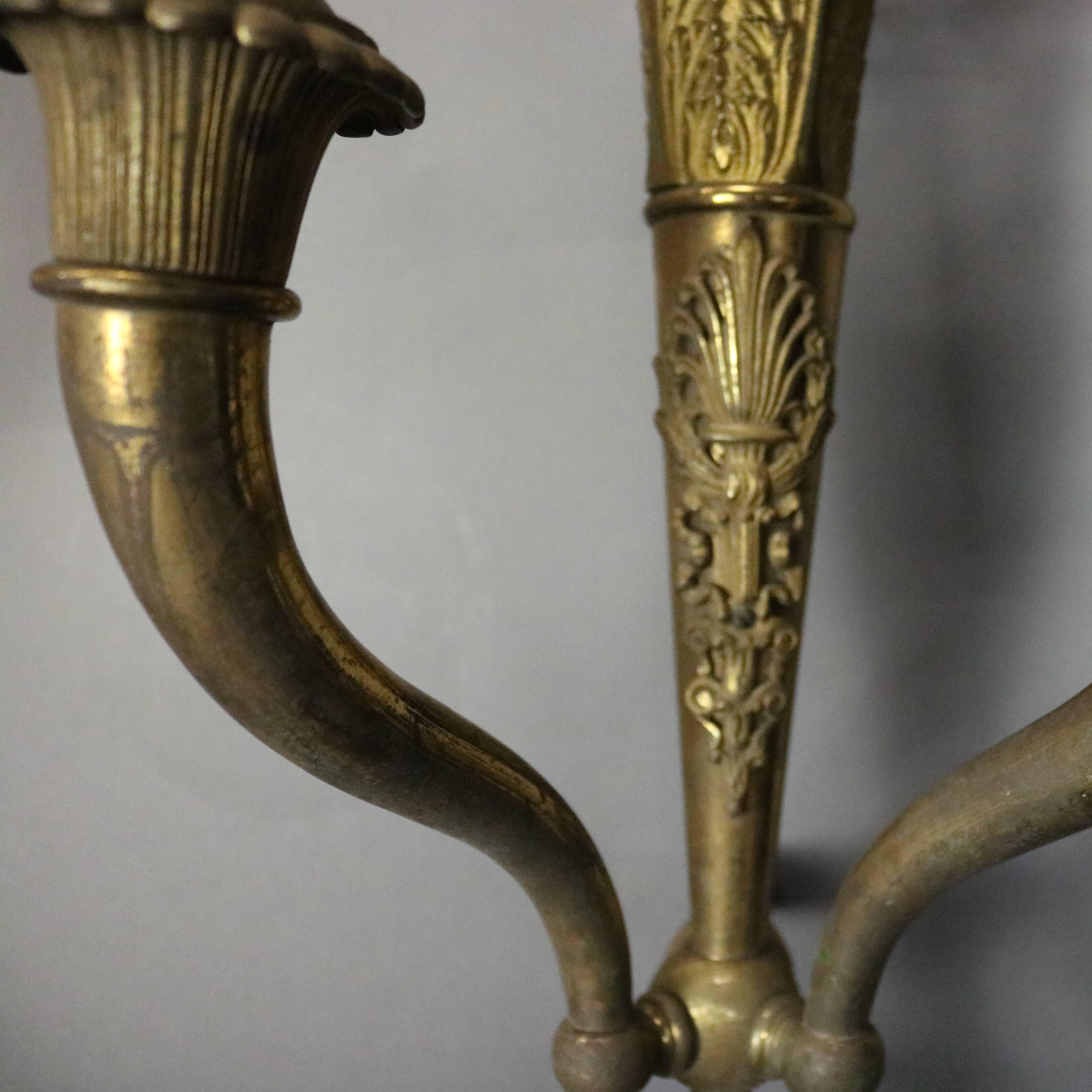 Pair of Antique French Neoclassical Style Brass 3-Light Gas Wall Sconces, c1870 4