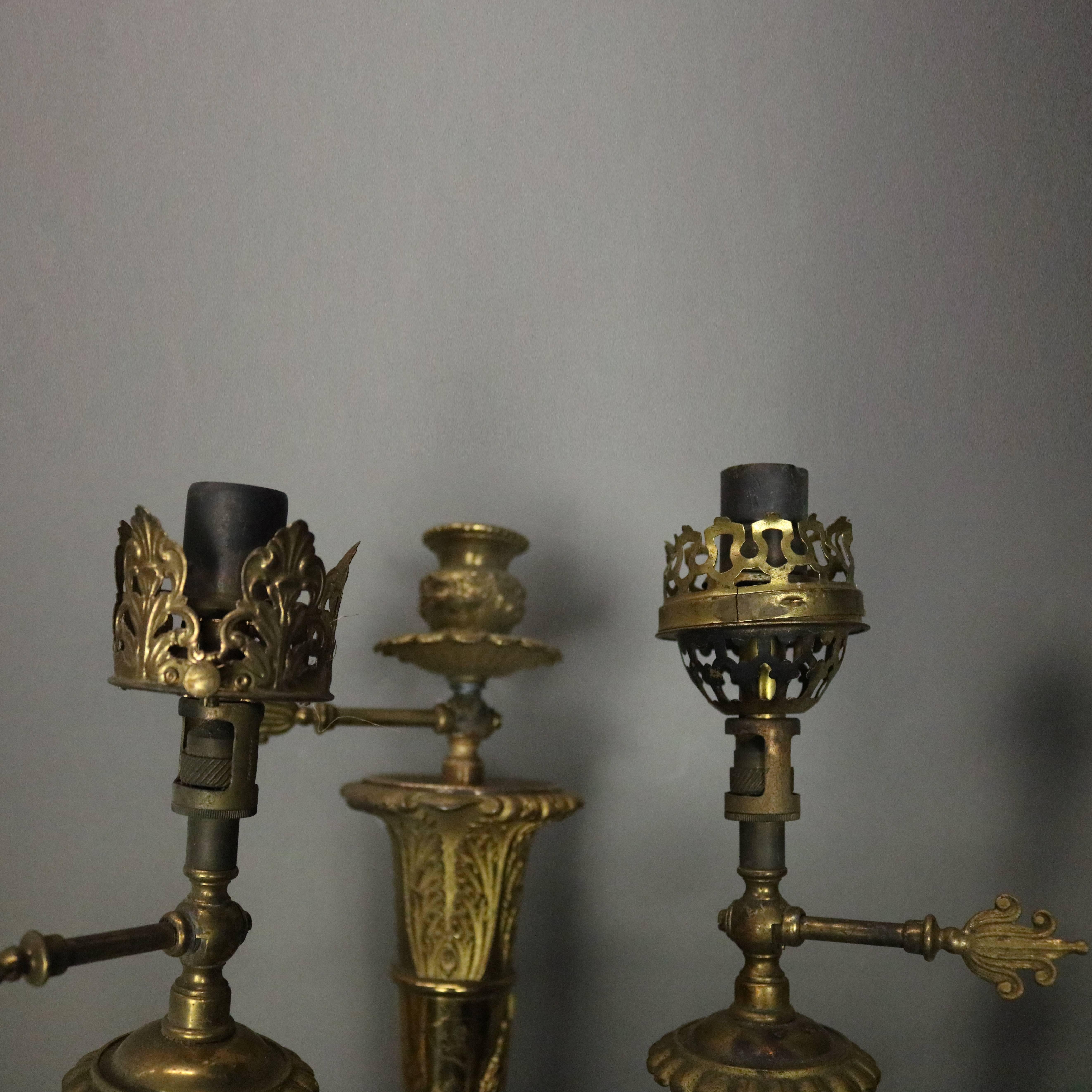 Pair of Antique French Neoclassical Style Brass 3-Light Gas Wall Sconces, c1870 In Good Condition In Big Flats, NY