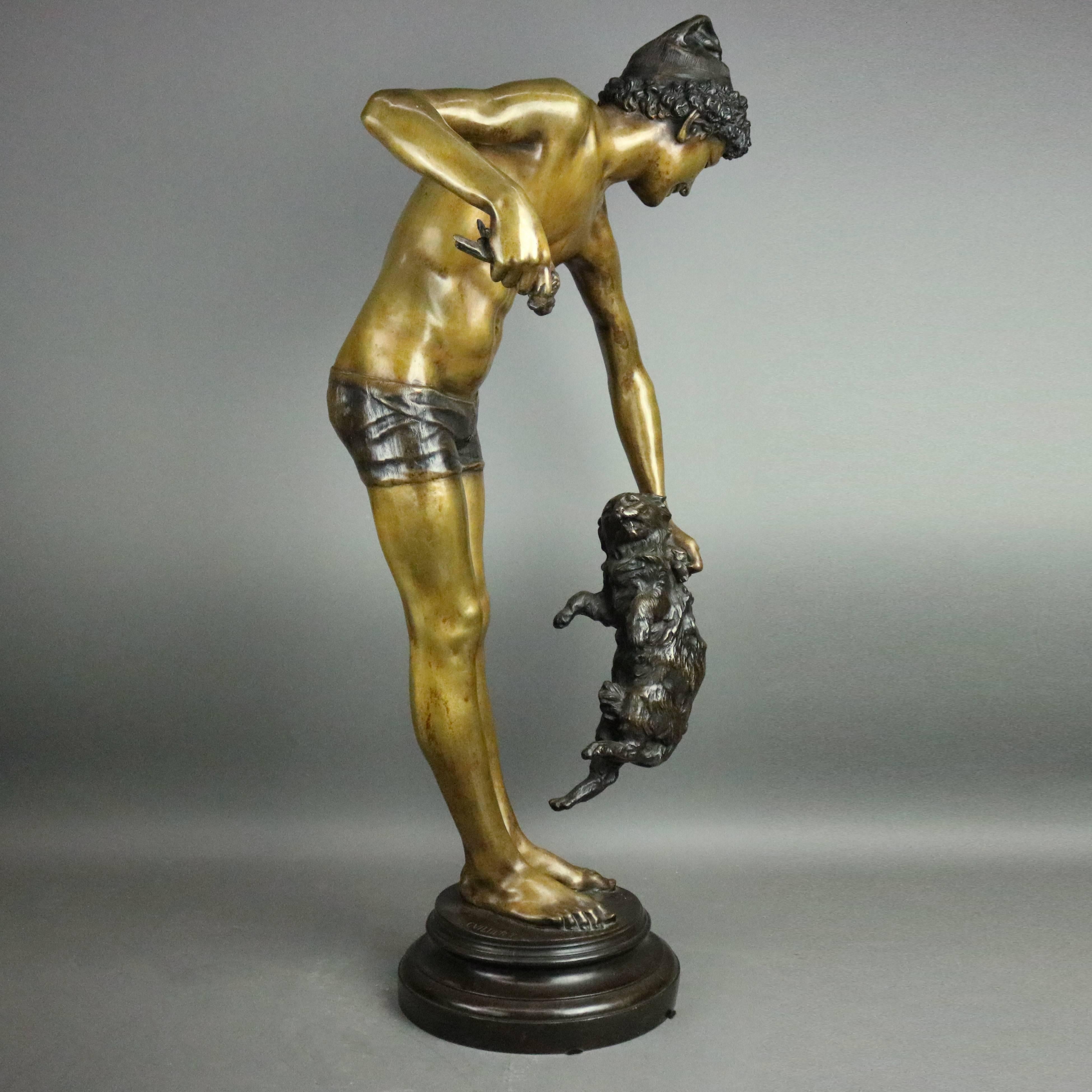 Monumental antique bronze figural sculpture "Separating the Foes", after Earnest Charles Guilbert, depicts young man separating a cat from his caught bird, signed on base E. Guilbert, circa 1880

Measures: 31" H x 14" W x