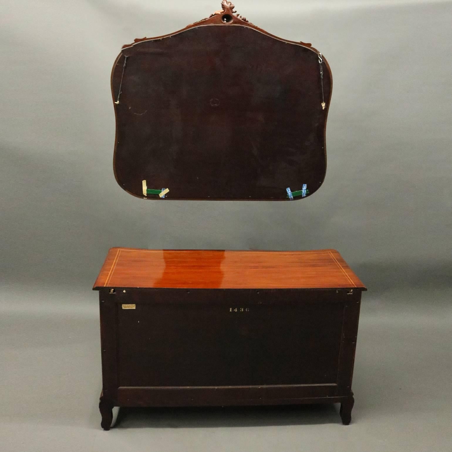 Antique R.J Horner & Co., New York, mahogany lowboy chest features satinwood floral and foliate marquetry and banding with mother-of-pearl inlay with banded top, seated on carved acanthus and scroll cabriole legs, foliate gilt bronze pulls, matching