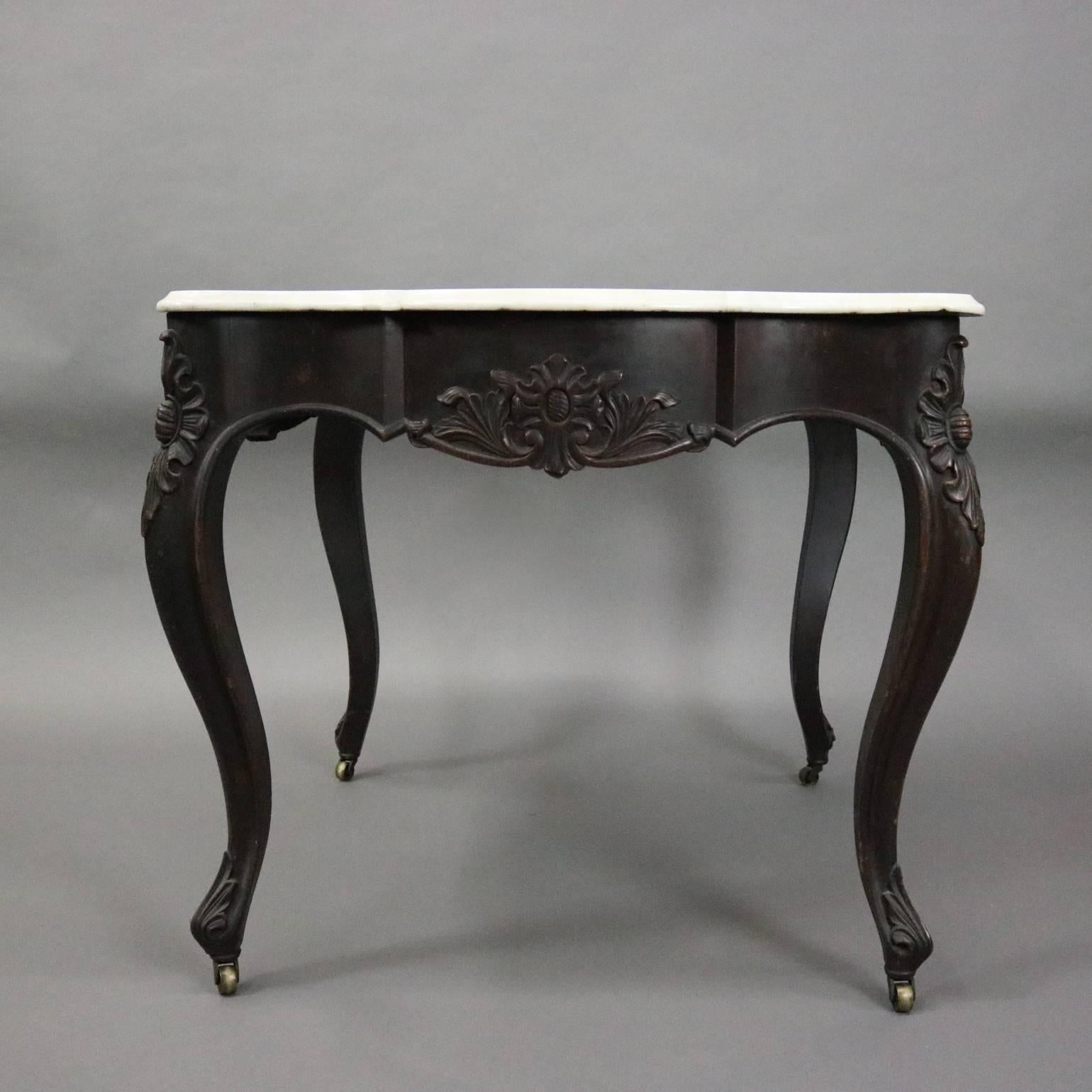 Antique French Carved Walnut and Marble Turtle Top Game Table, circa 1880 In Good Condition In Big Flats, NY