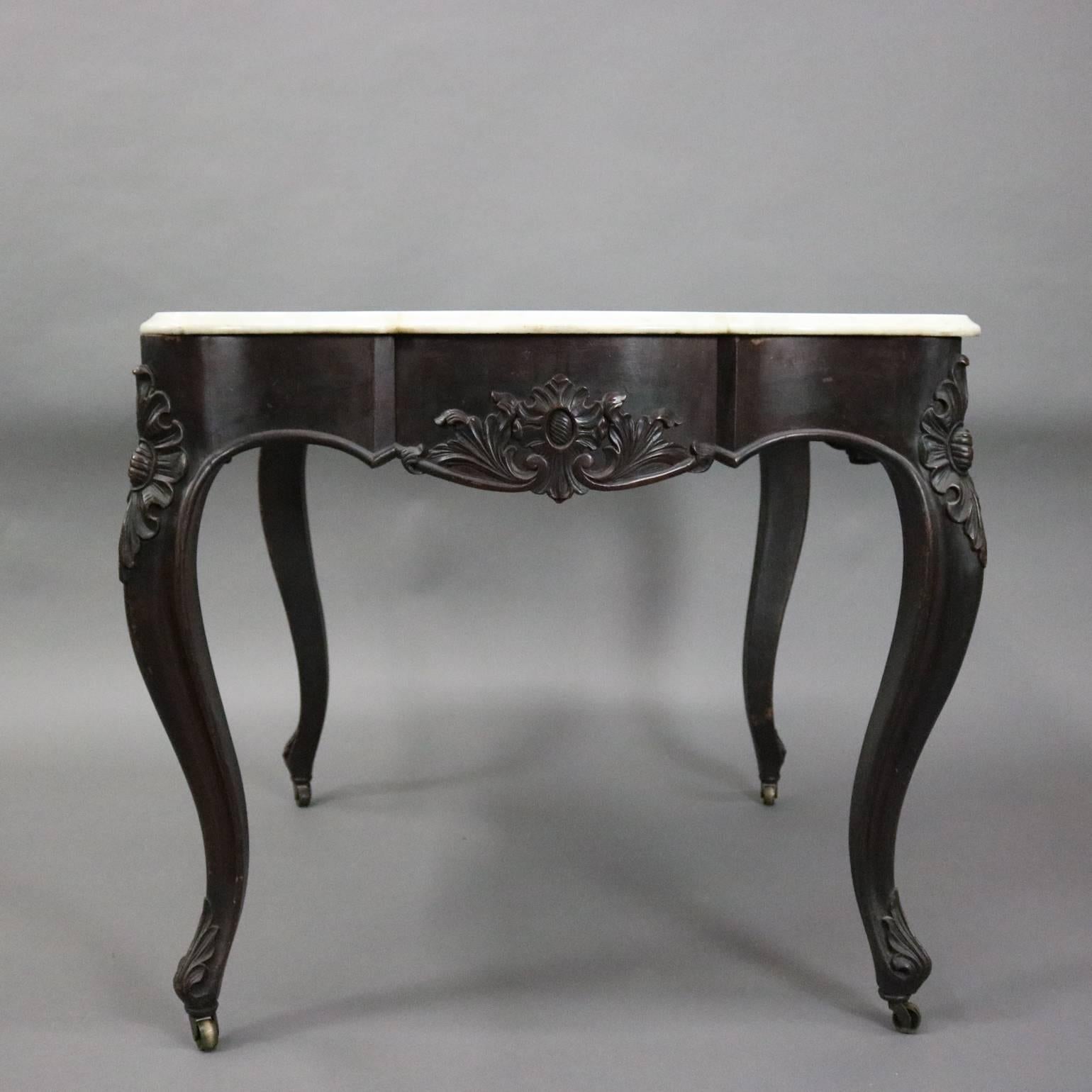 19th Century Antique French Carved Walnut and Marble Turtle Top Game Table, circa 1880