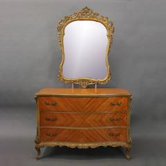 Vintage French Style Satinwood & Bronze Three-Drawer Dresser with Foliate Mirror