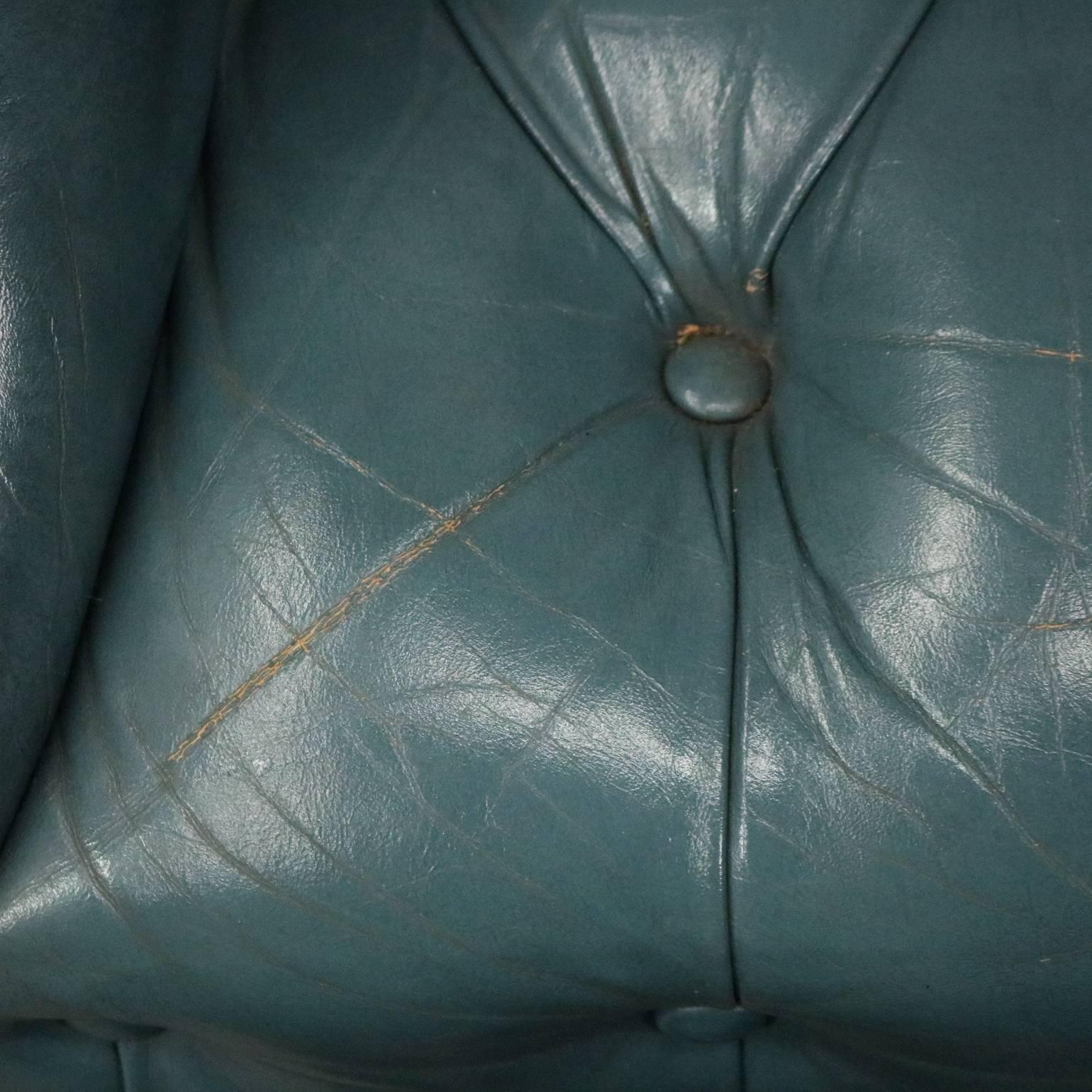 Hepplewhite Style Leather Chesterfield Wingback Chair and Ottoman, circa 1960 1