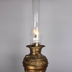 Antique and Large Onyx, Bronze Parlor Lamp W/Ruby Satin Glass Globe, circa 1880