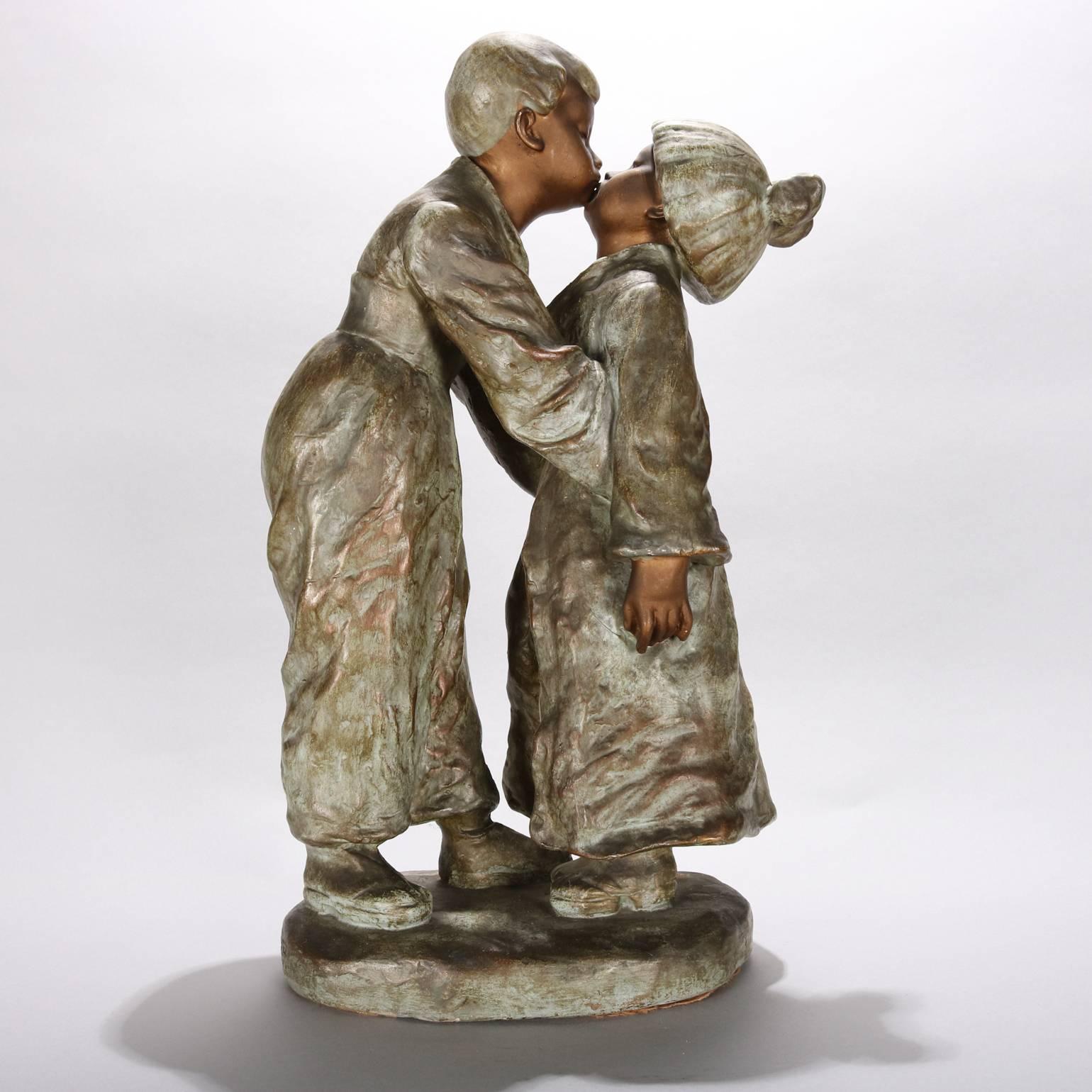 Antique Chinese Figural Bronzed Terracotta Statue, Young Love, circa 1920 In Good Condition In Big Flats, NY