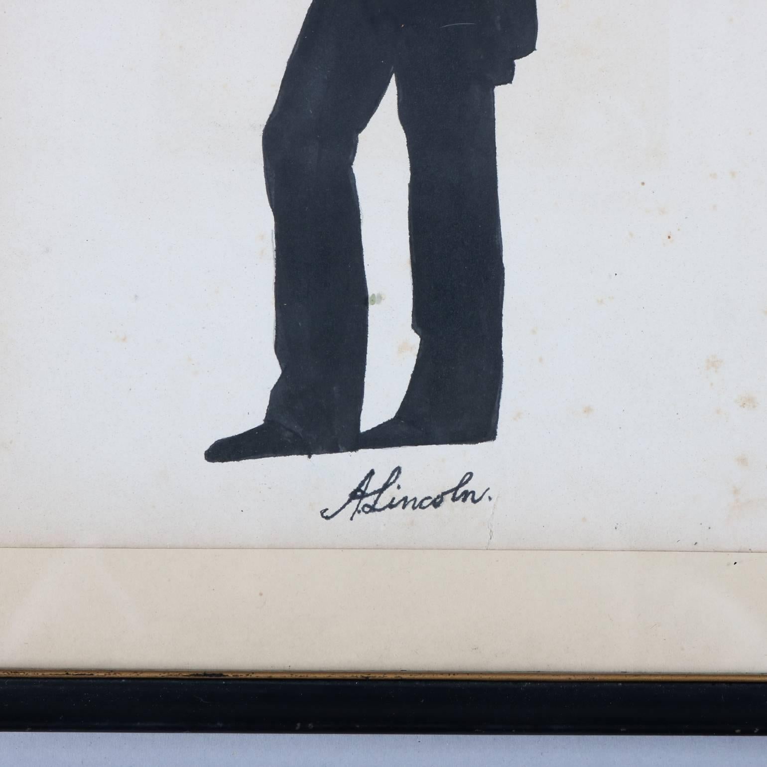 Set of three full length silhouettes of United States Presidents including George Washington, Thomas Jefferson, and Abraham (Abe) Lincoln, titles on each in pen and ink script, circa 1900

Measures: 13.75" H x 10" W, largest.