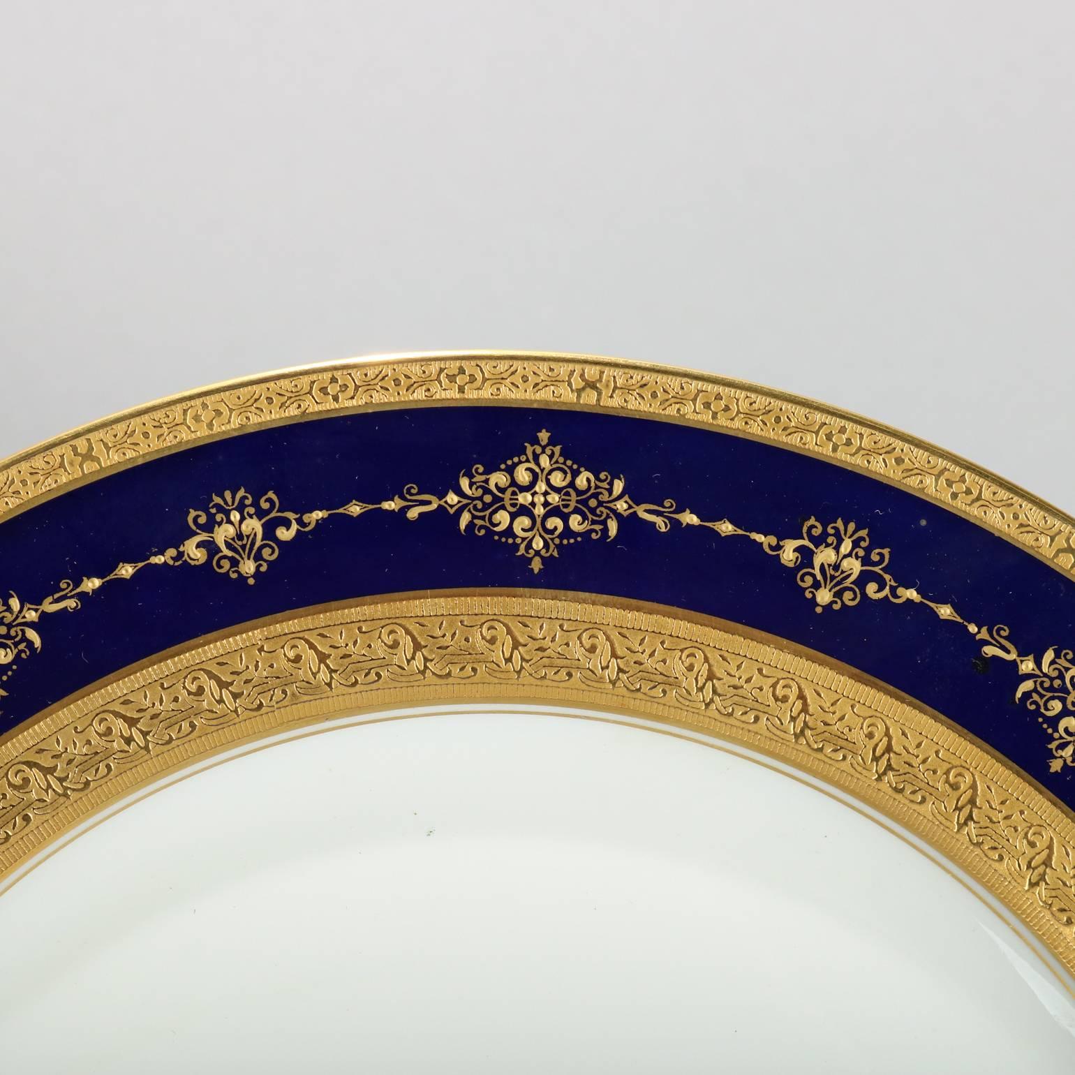 French 12 C. Ahrenfeldt Limoges for Ovington's Cobalt & Gilt Dinner Plates 20th Century