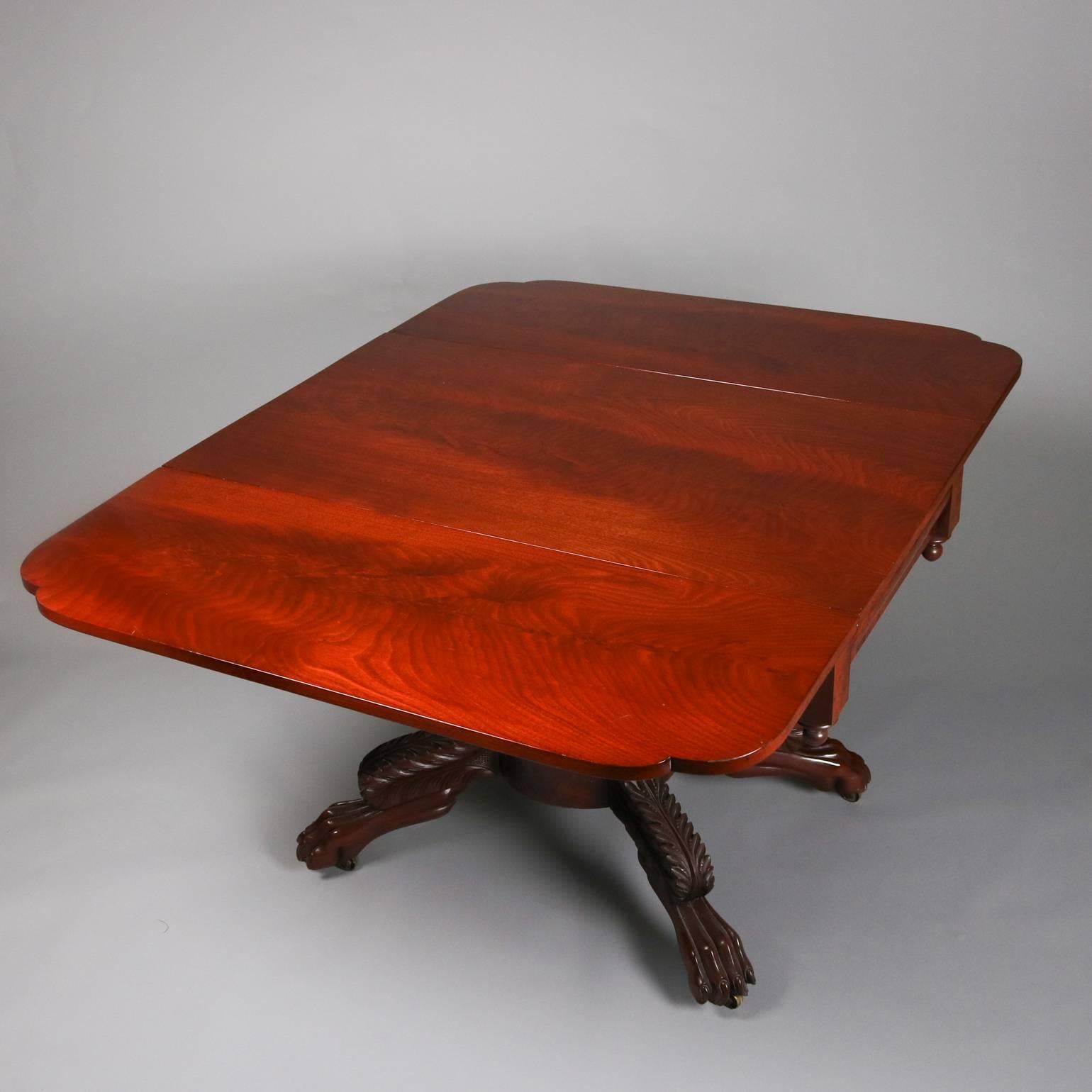 19th Century Antique Carved American Empire Flame Mahogany Pedestal Drop-Leaf Table