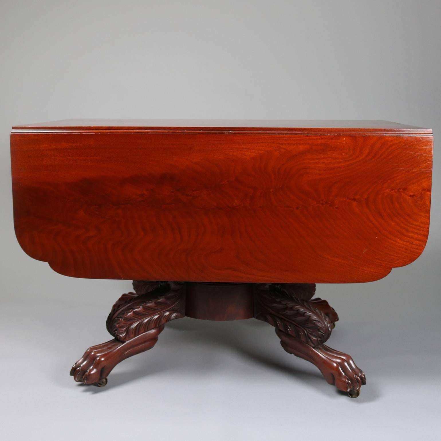 Antique Carved American Empire Flame Mahogany Pedestal Drop-Leaf Table 2