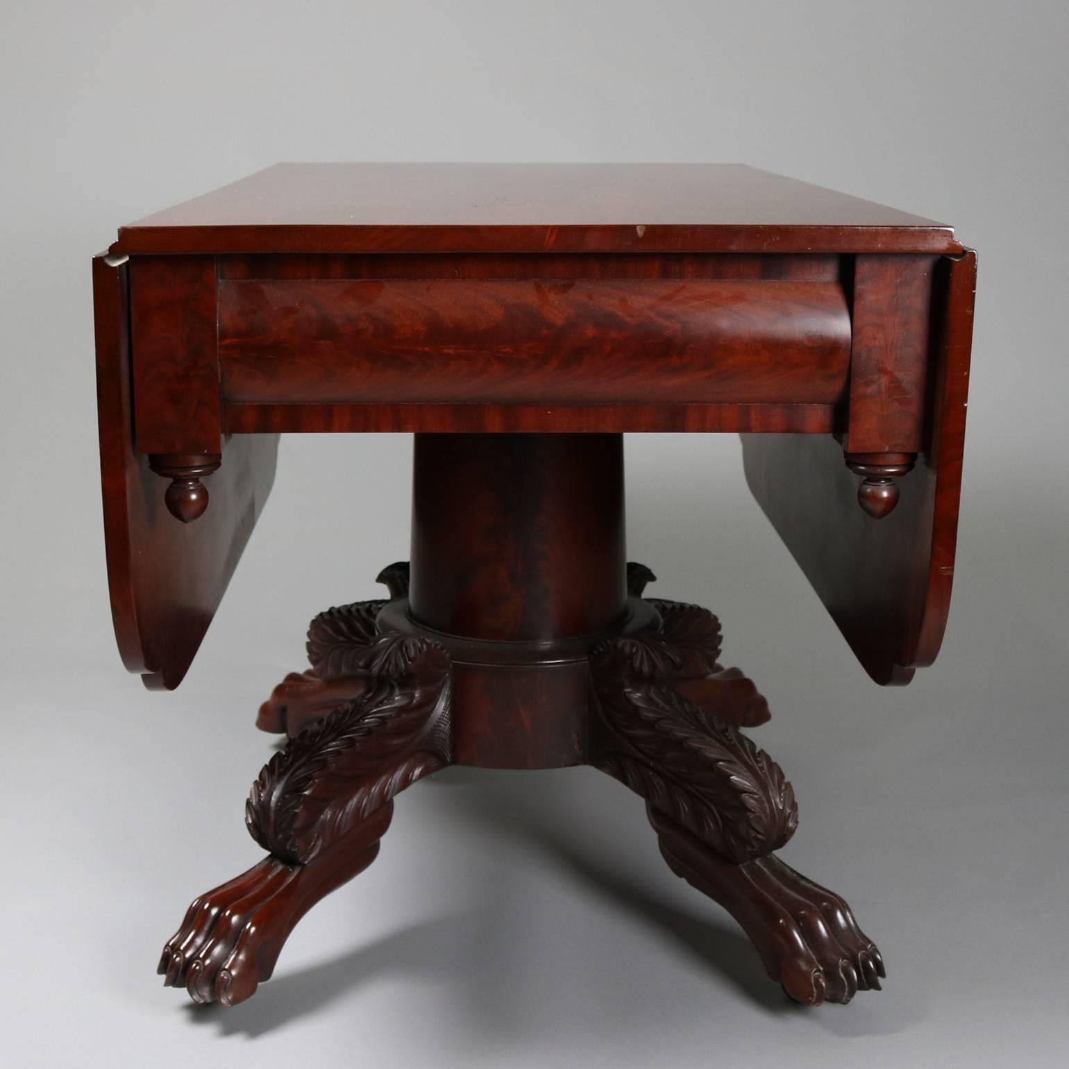 Antique Carved American Empire Flame Mahogany Pedestal Drop-Leaf Table 1
