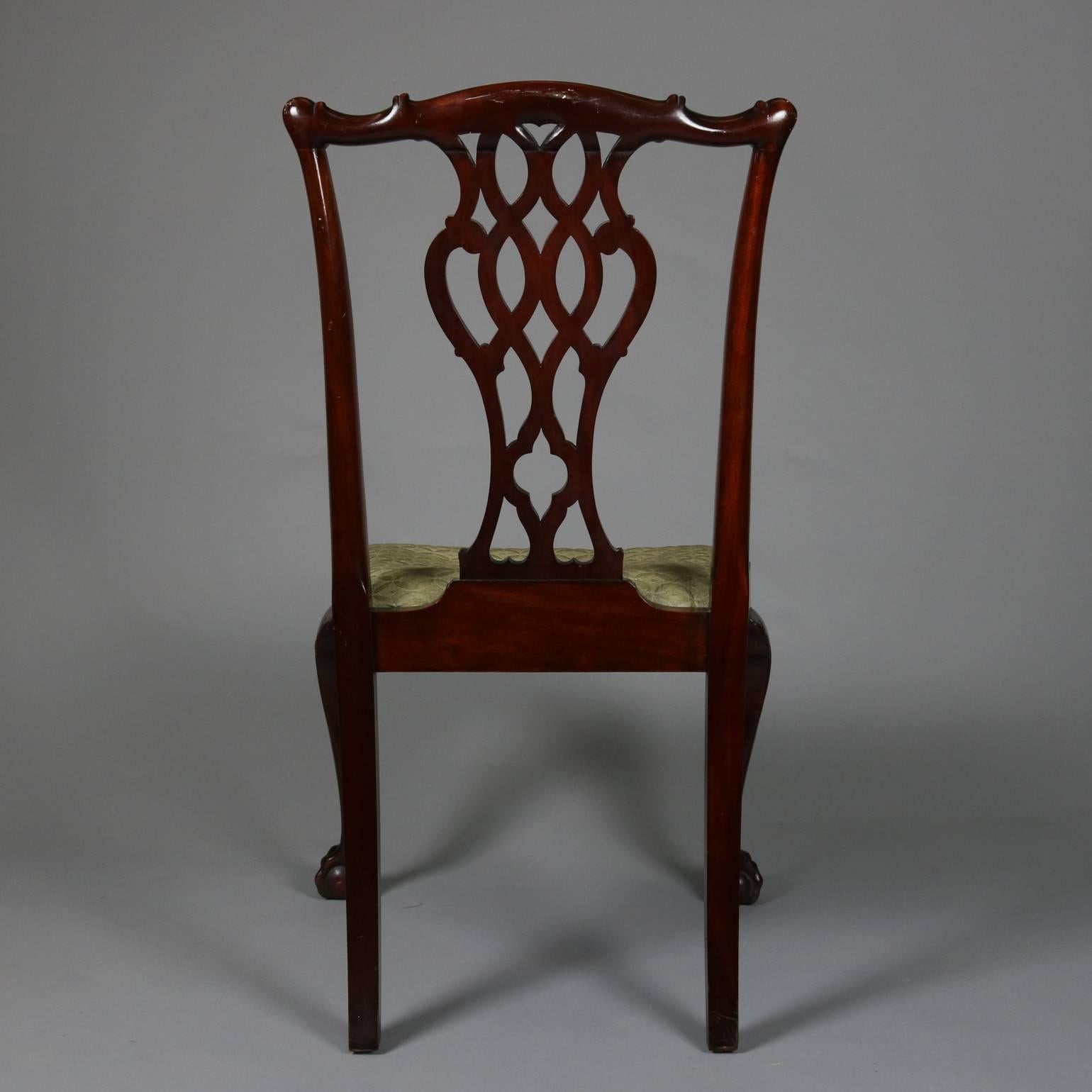 Upholstery Four Antique Carved Mahogany Chippendale Ribbon Back Dining Chairs, 19th Century