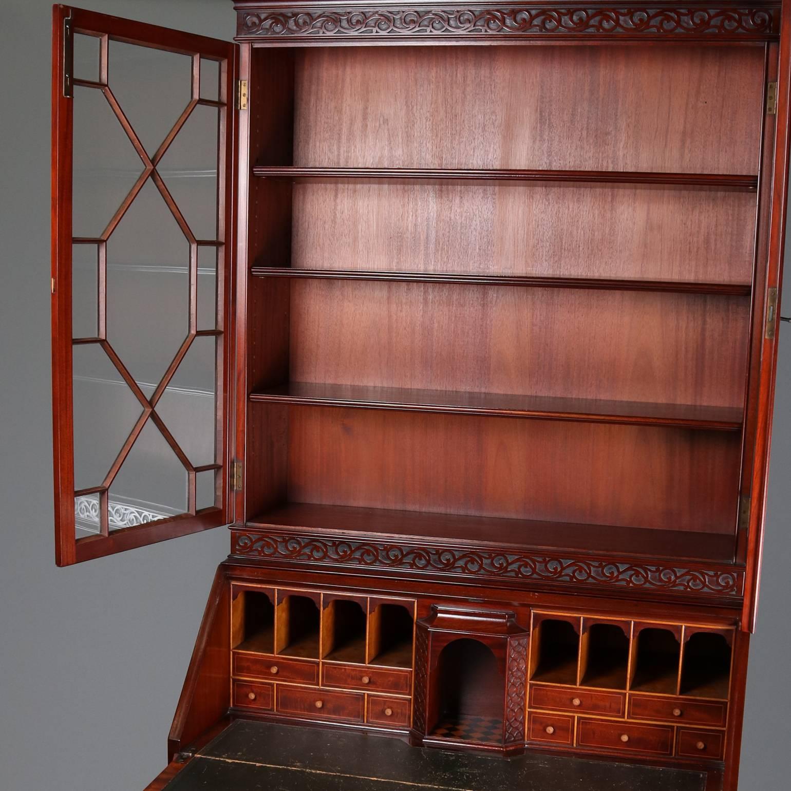 19th Century Antique Federal Inlaid, Carved & Filigree Mahogany Secretary Bookcase