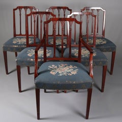 12 Antique English Hepplewhite Mahogany Dining Chairs, Needlepoint Seats