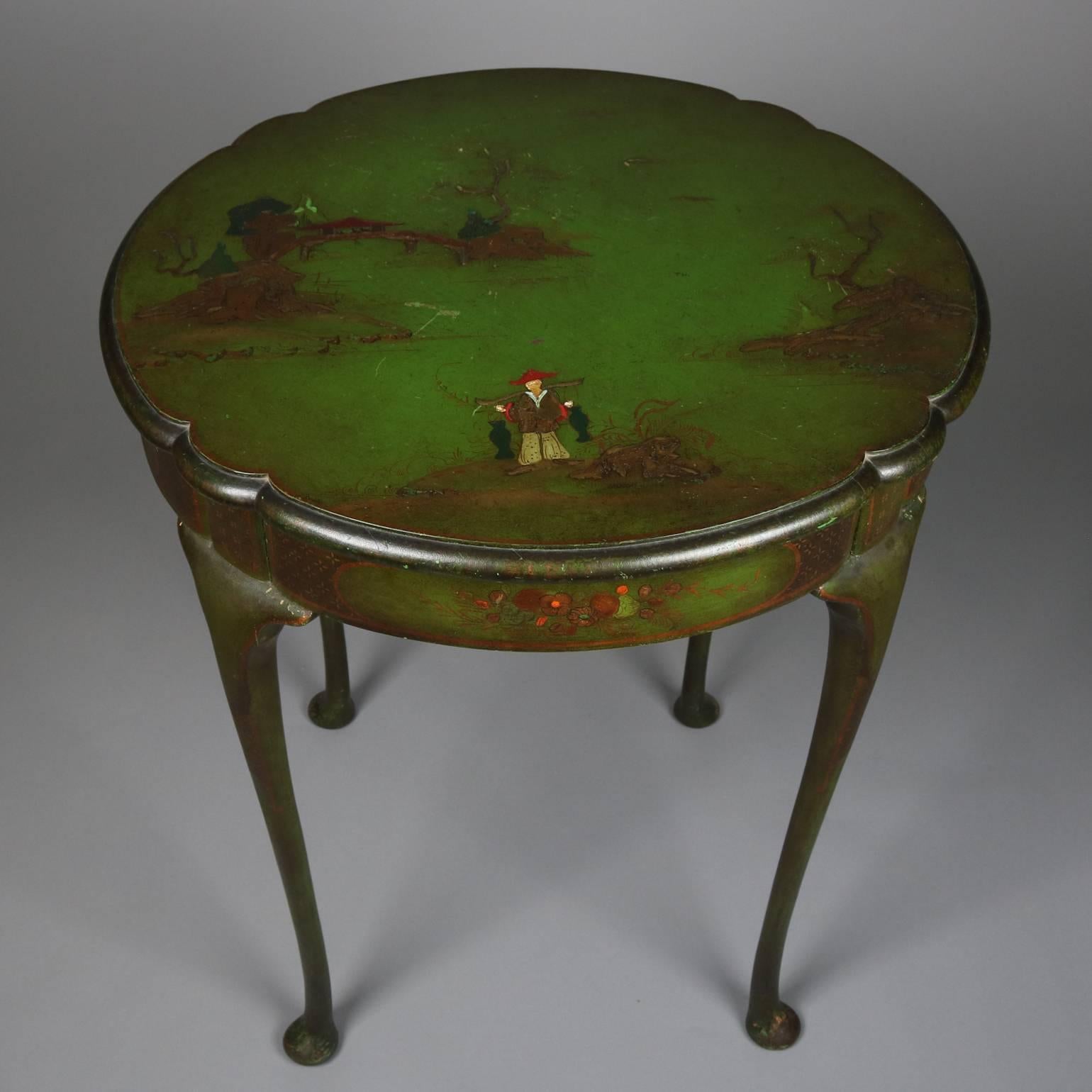 Hand-Painted Vintage Paint Decorated Chinoiserie Centre Table, Fisherman in Landscape