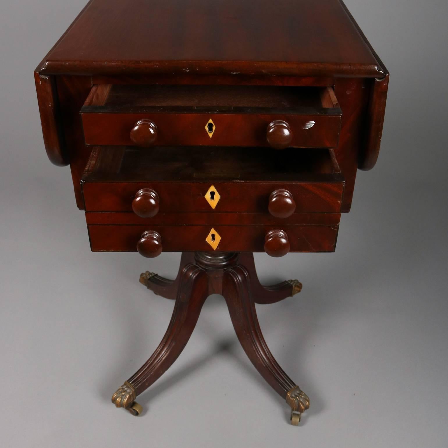 Sheraton Antique Inlaid Flame Mahogany with Bone Duncan Phyfe School Sewing Stand