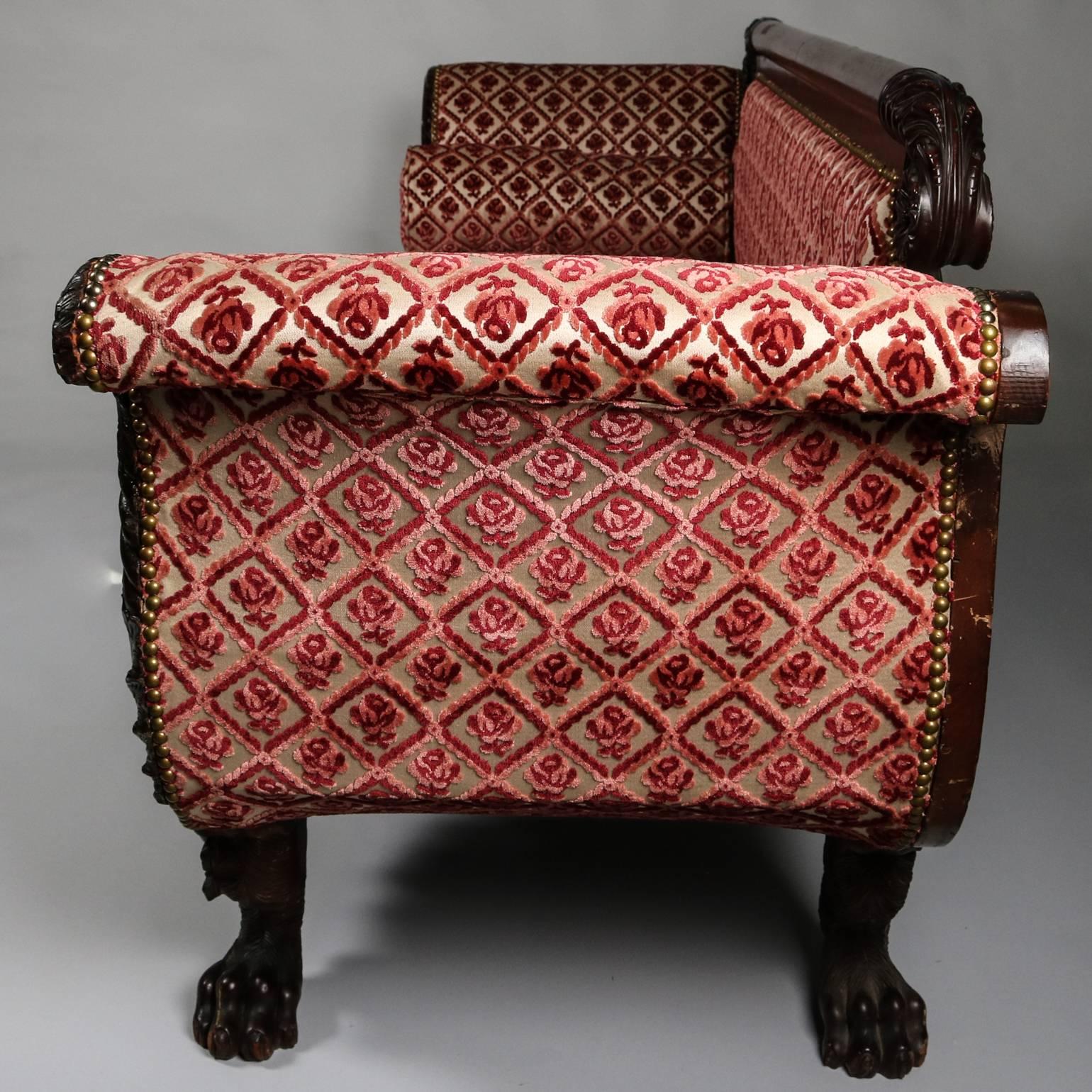 Hand-Carved Antique American Empire Classical Carved Flame Mahogany Scroll Arm Sofa