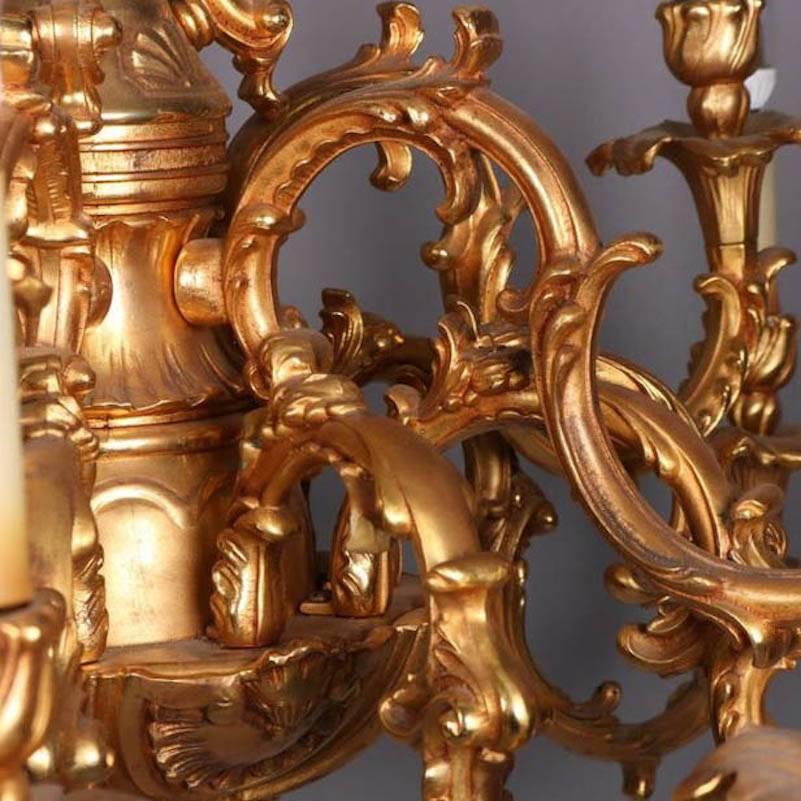 Oversize Antique French Louis XIV Gilt Fifteen-Light Scroll & Foliate Chandelier In Good Condition In Big Flats, NY