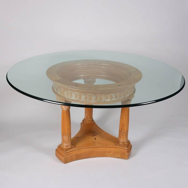 Classical White Washed Corinthian Column Glass Top Dining Table, 20th